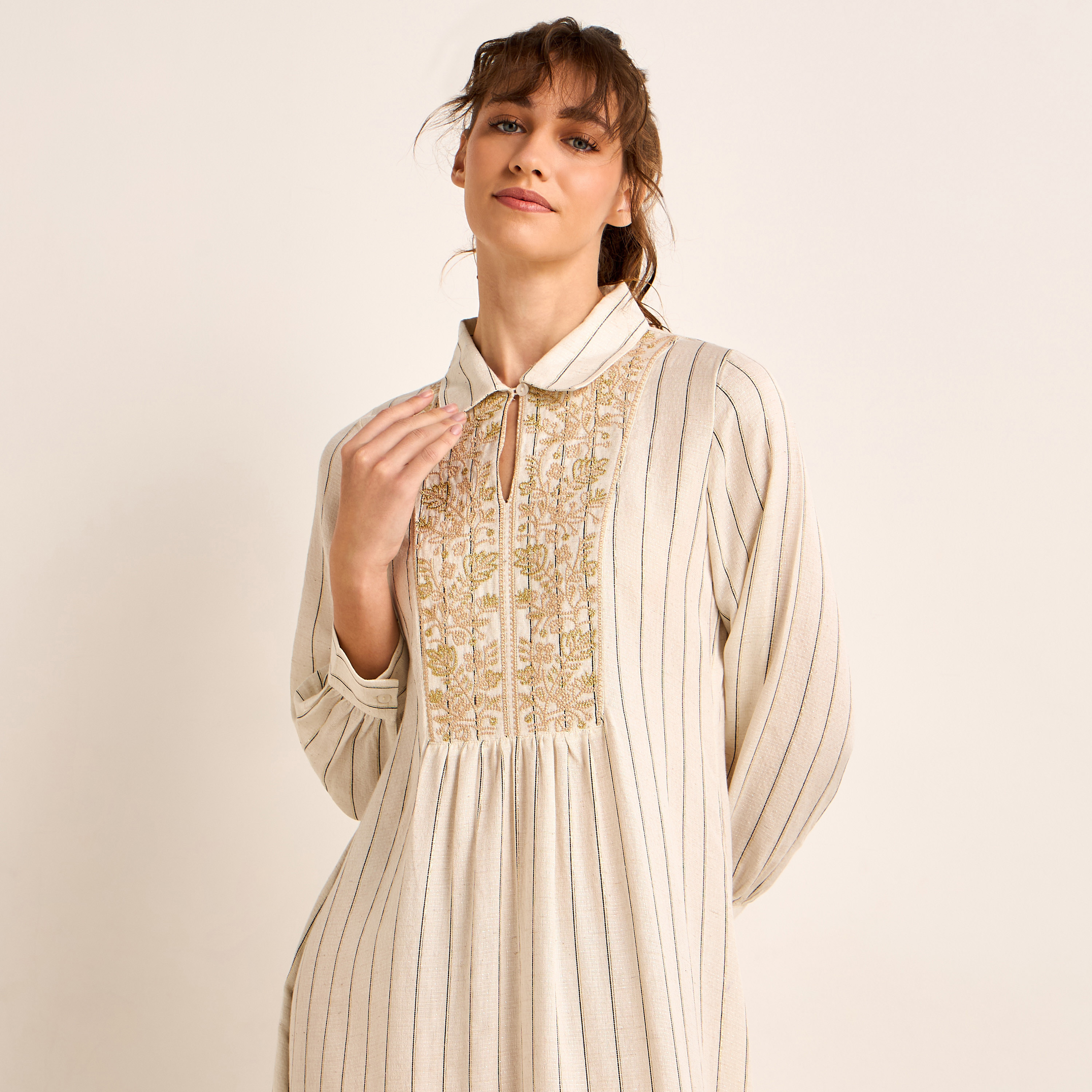 Midi Night Dress Long Sleeves Lurex Stripe Linen Blend-women-clothing-nightwear-nighties-image-3