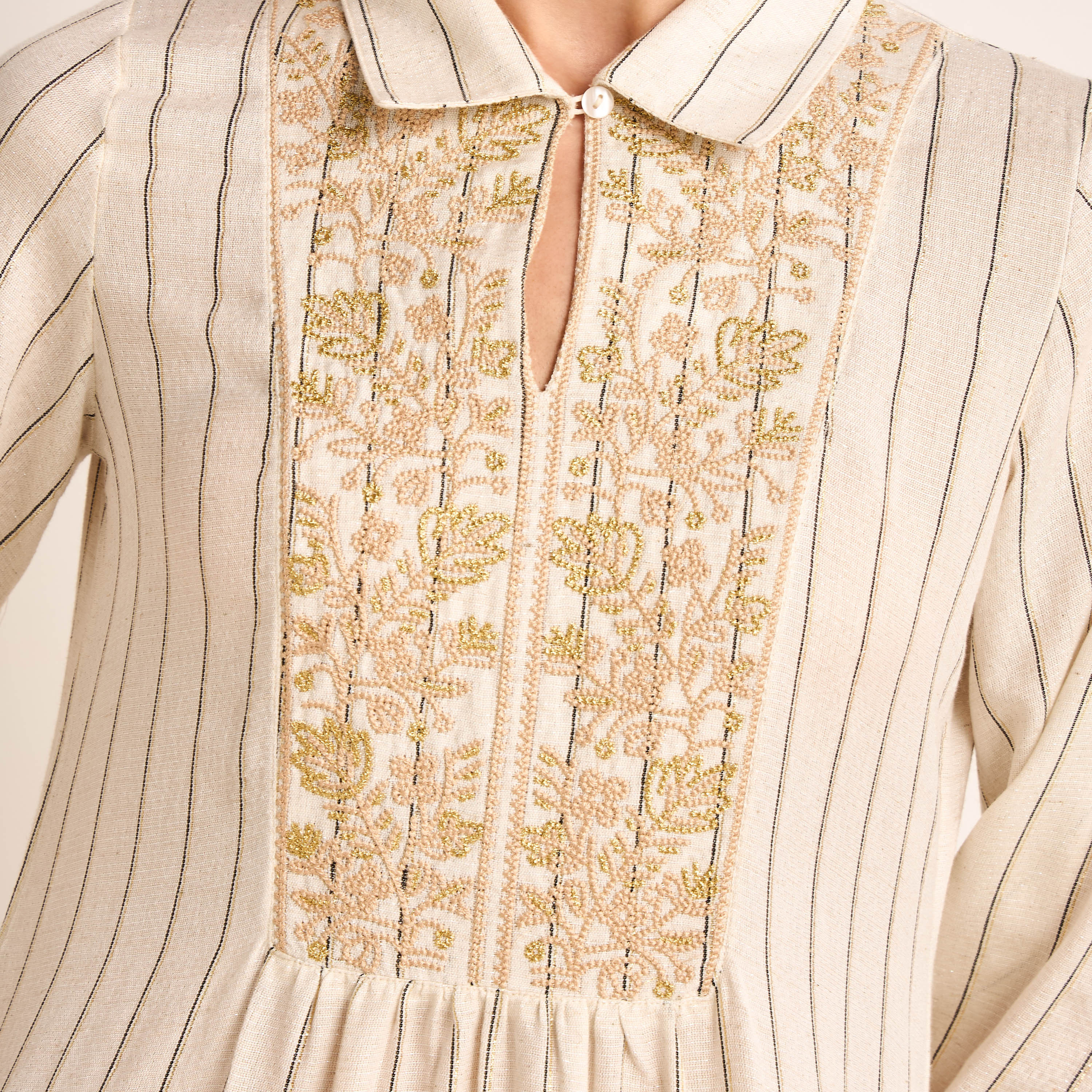 Midi Night Dress Long Sleeves Lurex Stripe Linen Blend-women-clothing-nightwear-nighties-image-4