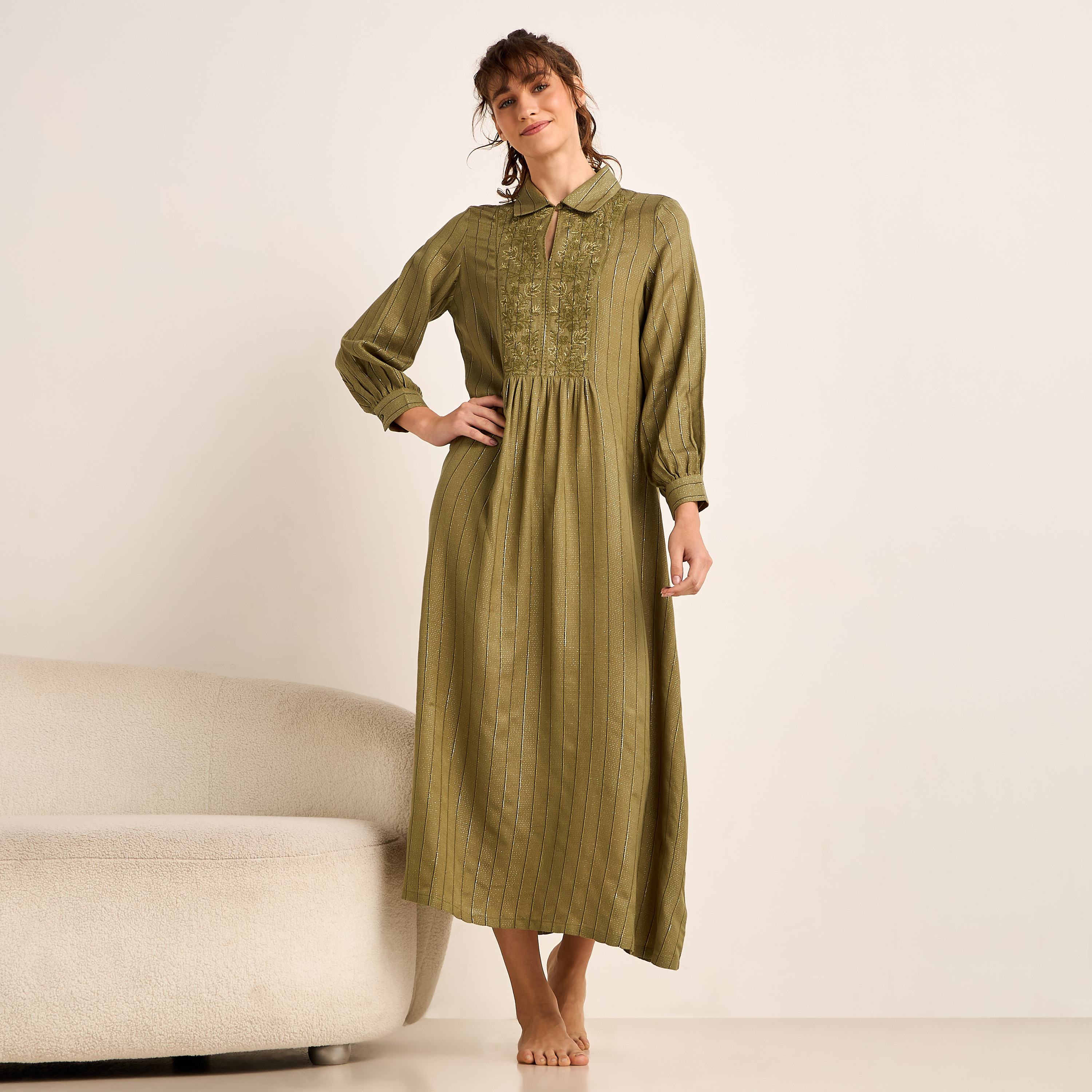 Midi Night Dress Long Sleeves Lurex Stripe Linen Blend-women-clothing-nightwear-nighties-image-1