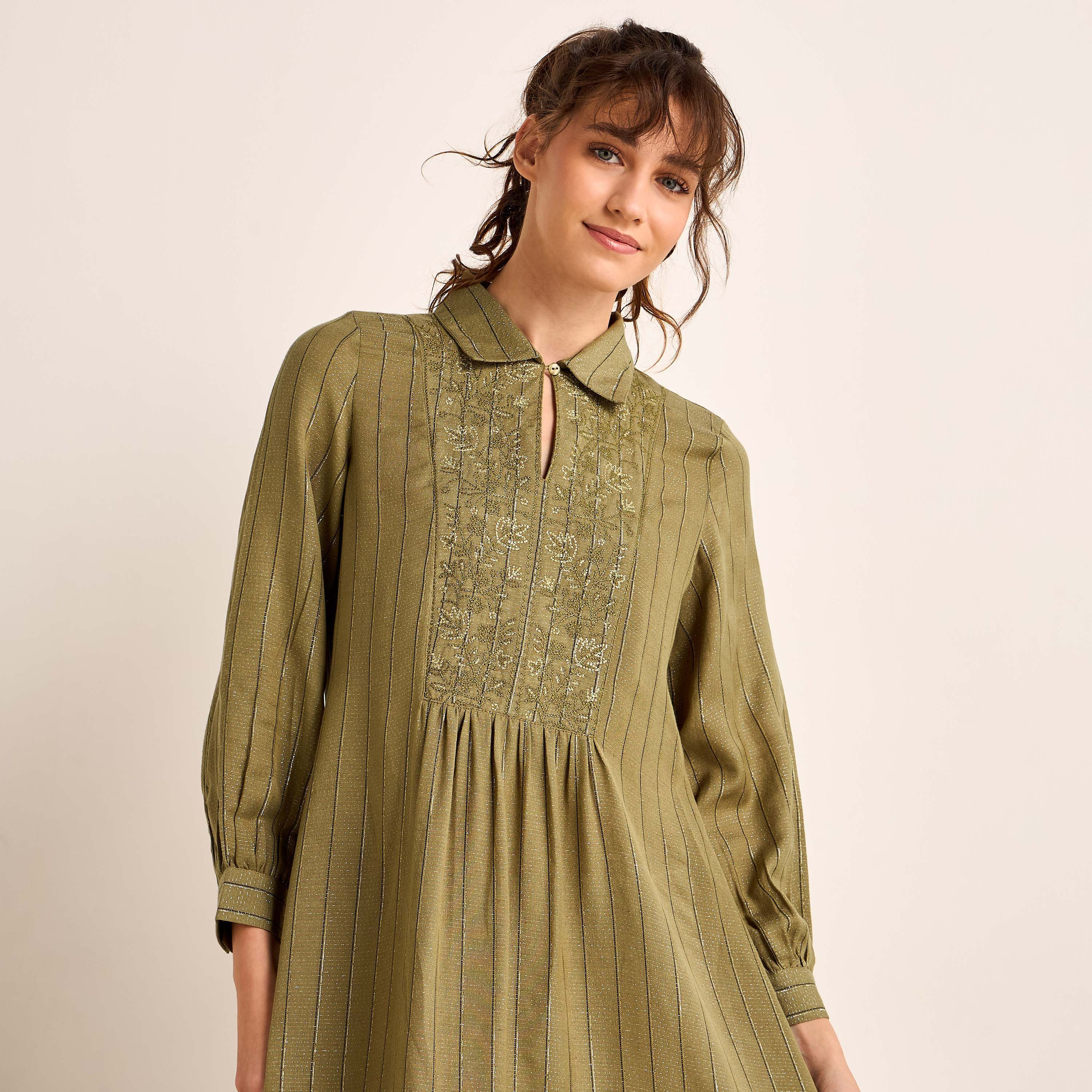 Midi Night Dress Long Sleeves Lurex Stripe Linen Blend-women-clothing-nightwear-nighties-image-5