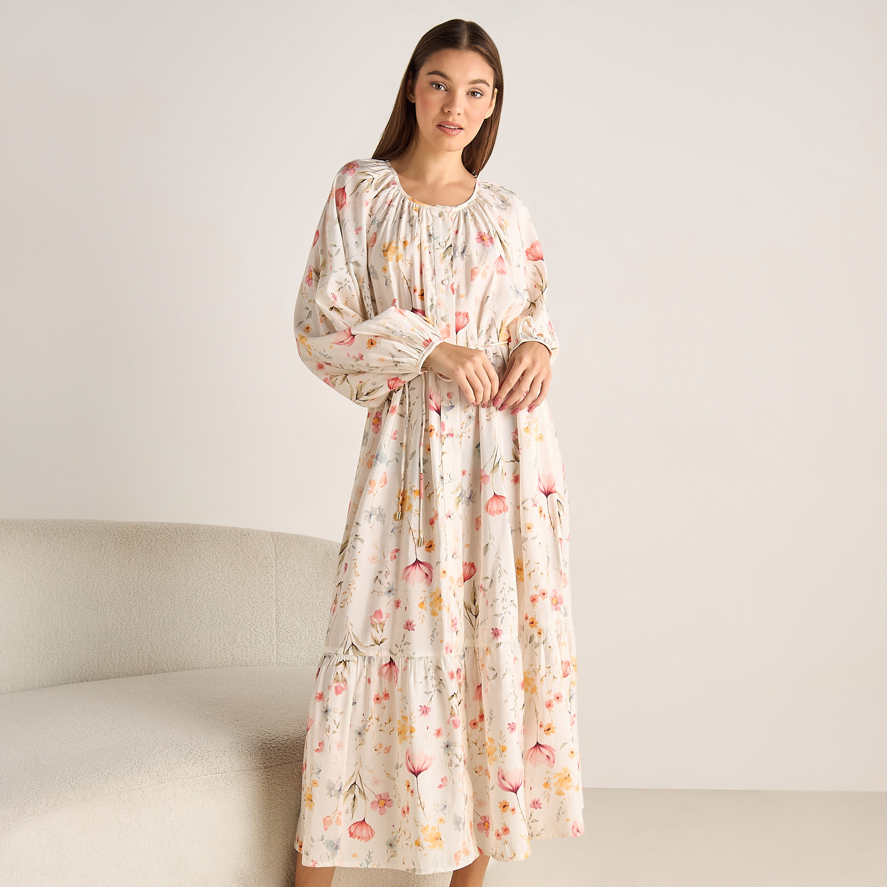 Night Dress Long Sleeves Rope Tie-Up Belt-women-clothing-nightwear-nighties-image-1