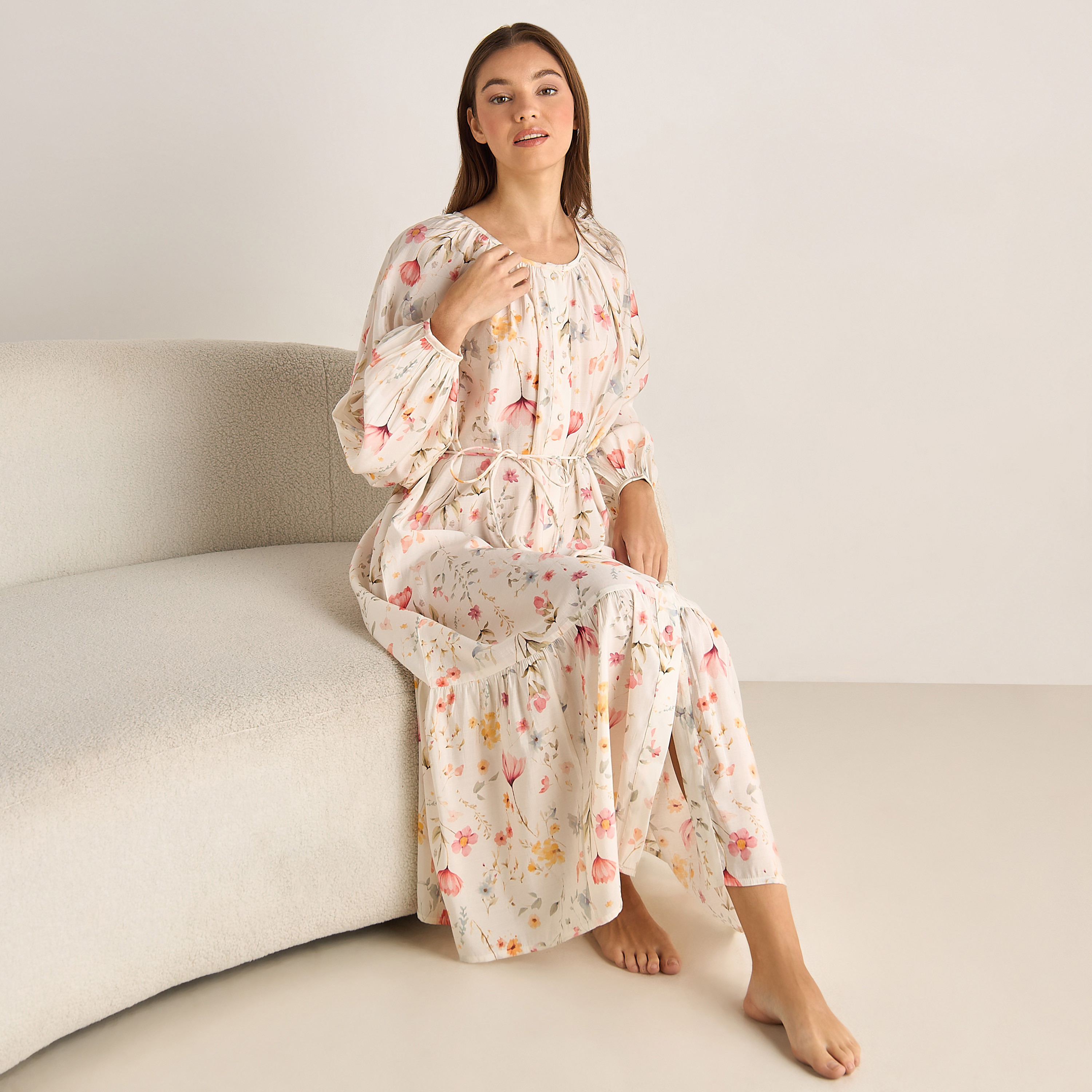 Night Dress Long Sleeves Rope Tie-Up Belt-women-clothing-nightwear-nighties-image-2