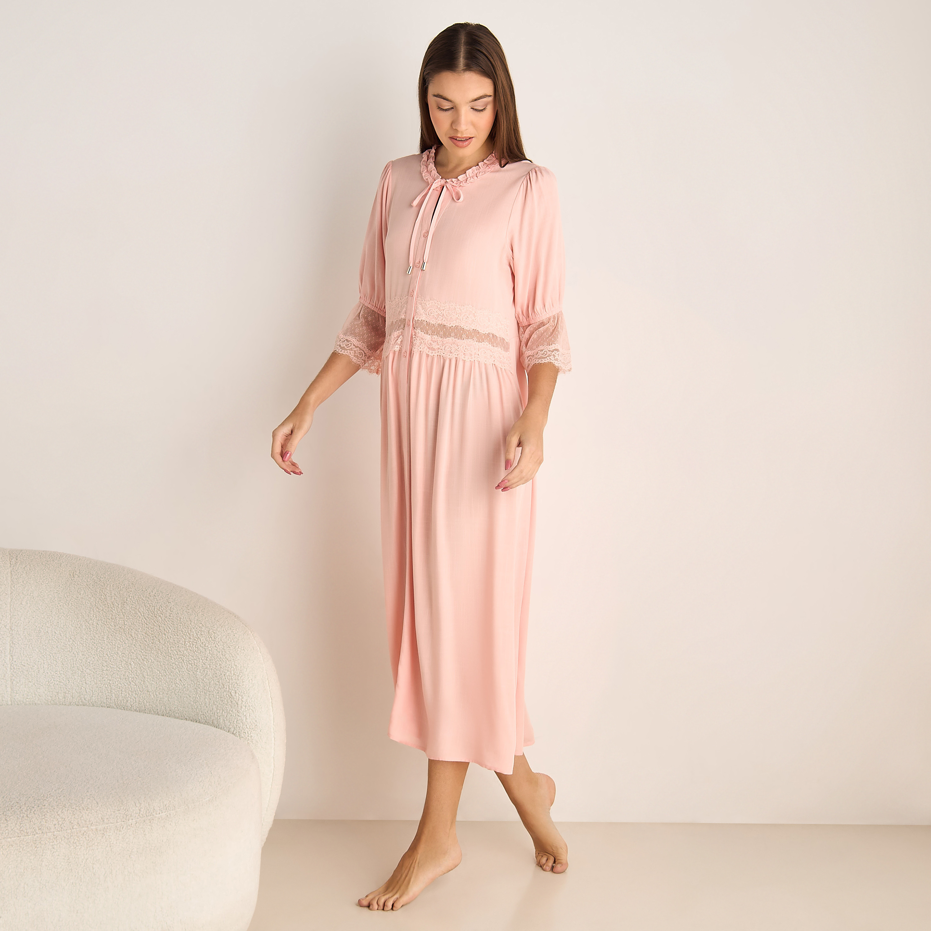 Night Dress with 3/4 Sleeves and Lace Trim-women-clothing-nightwear-nighties-image-2