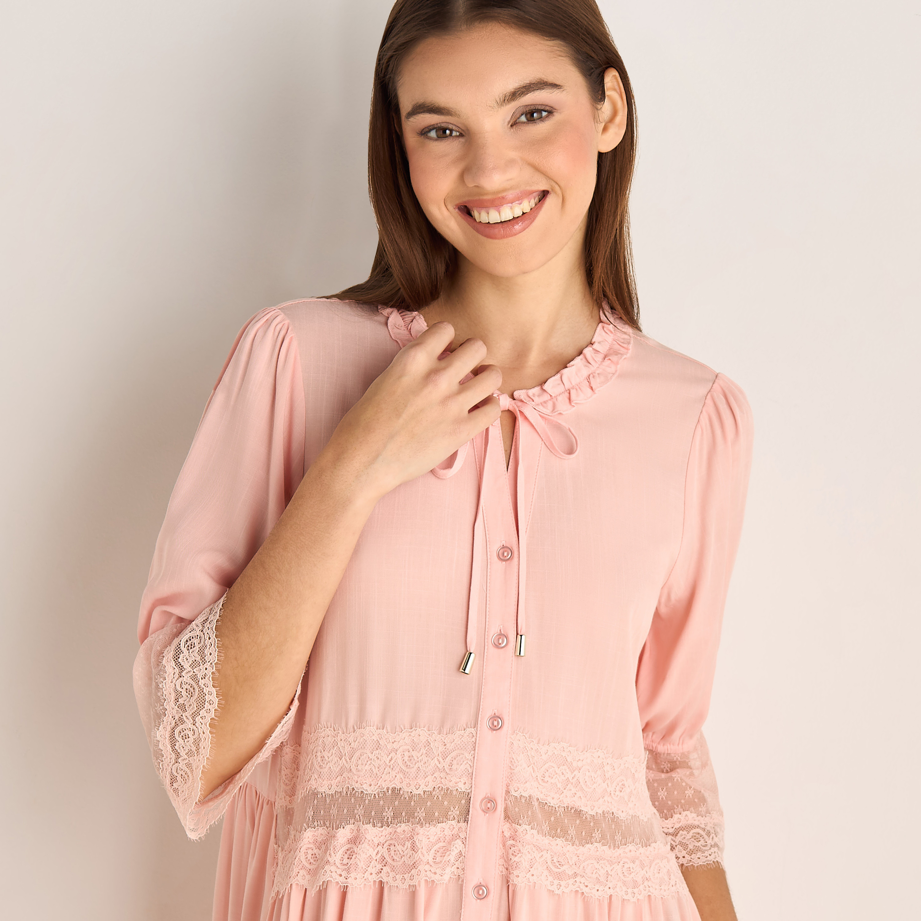 Night Dress with 3/4 Sleeves and Lace Trim-women-clothing-nightwear-nighties-image-4