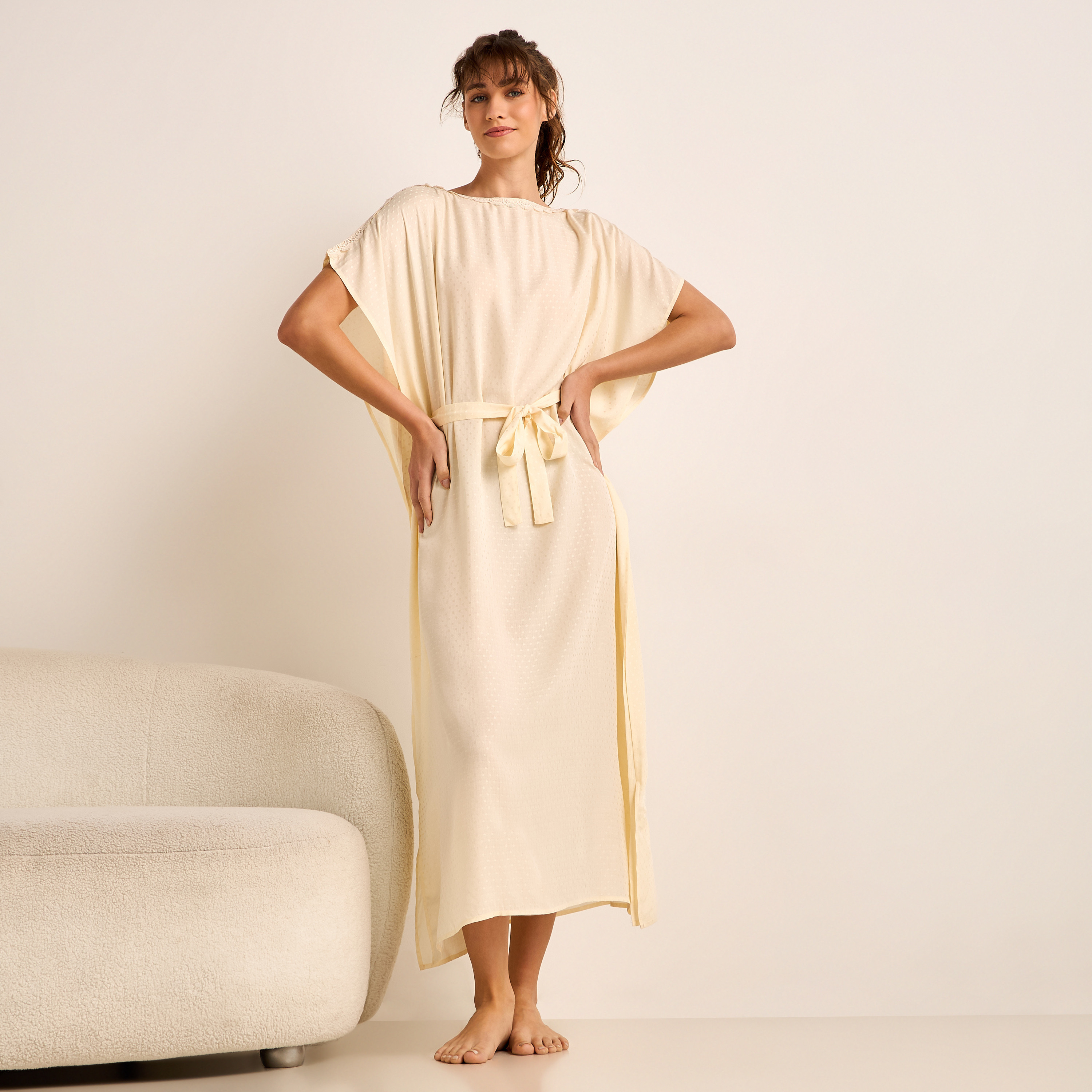 Midi Kaftan Night Dress Short Sleeves Lace Trim Viscose-women-clothing-nightwear-nighties-image-1