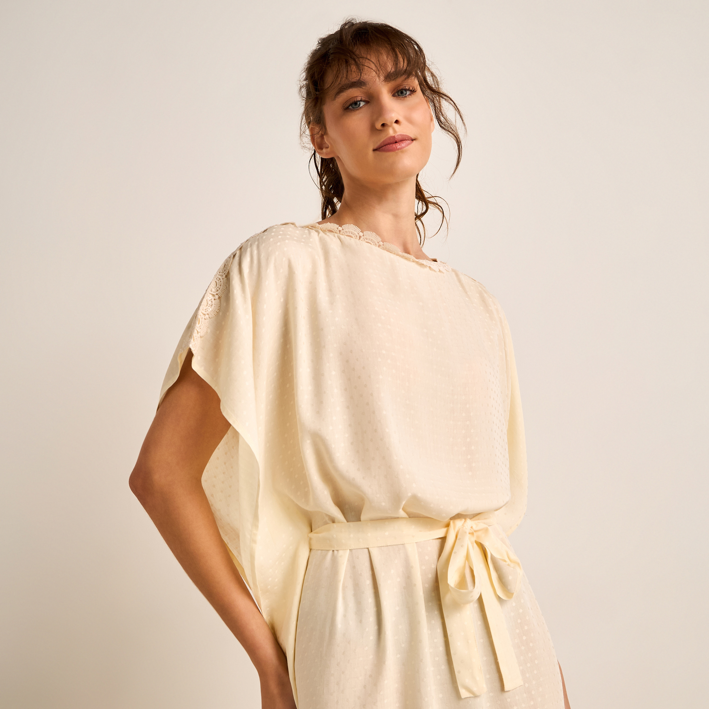 Midi Kaftan Night Dress Short Sleeves Lace Trim Viscose-women-clothing-nightwear-nighties-image-5