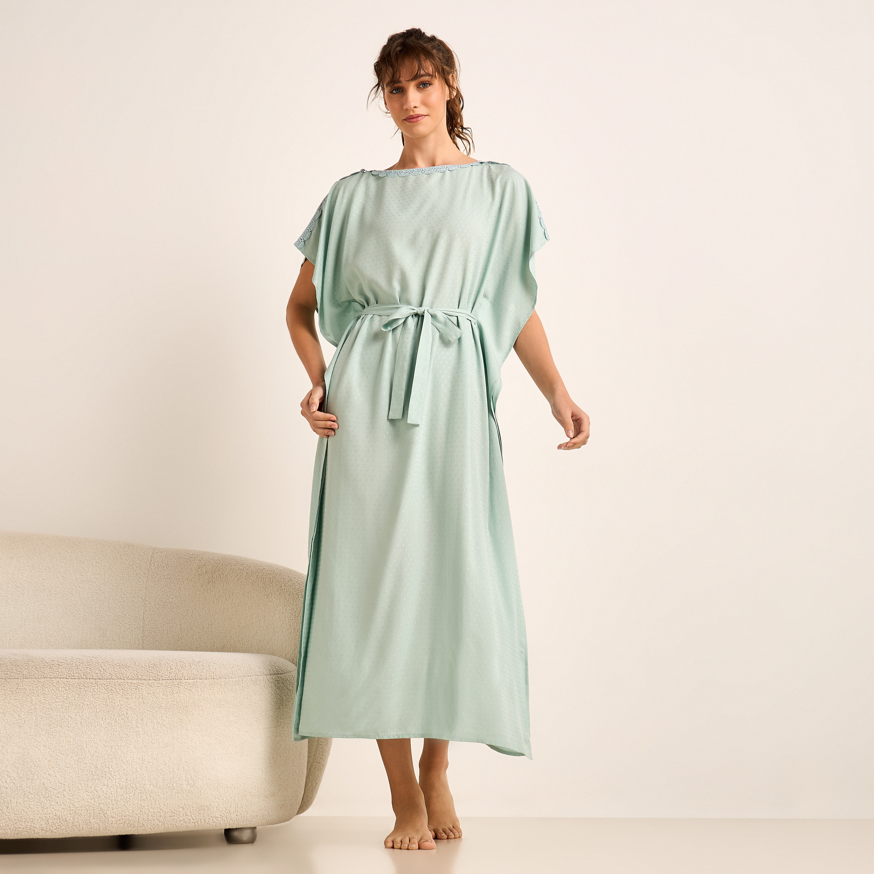 Midi Kaftan Night Dress Short Sleeves Lace Trim Viscose-women-clothing-nightwear-nighties-image-1