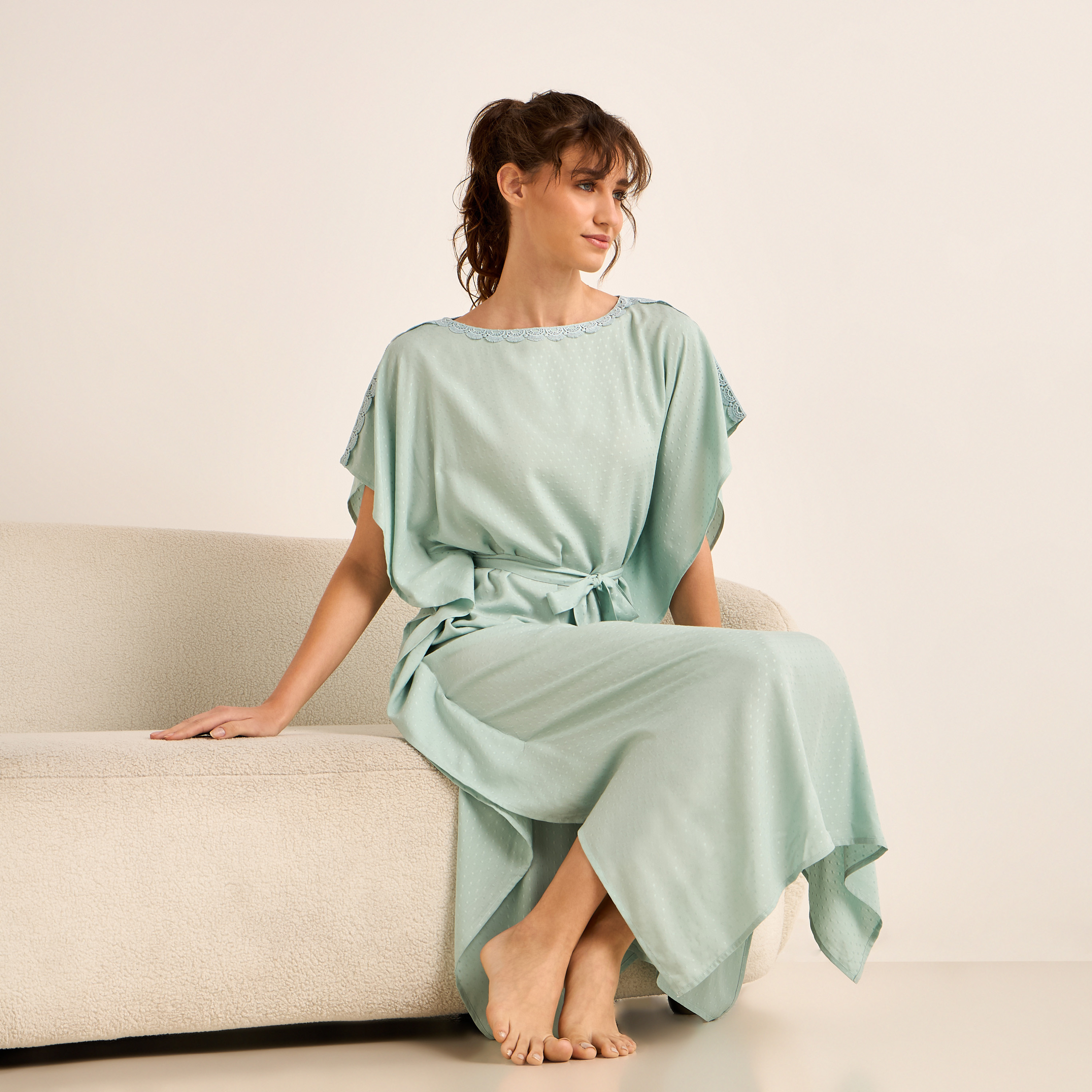 Midi Kaftan Night Dress Short Sleeves Lace Trim Viscose-women-clothing-nightwear-nighties-image-3