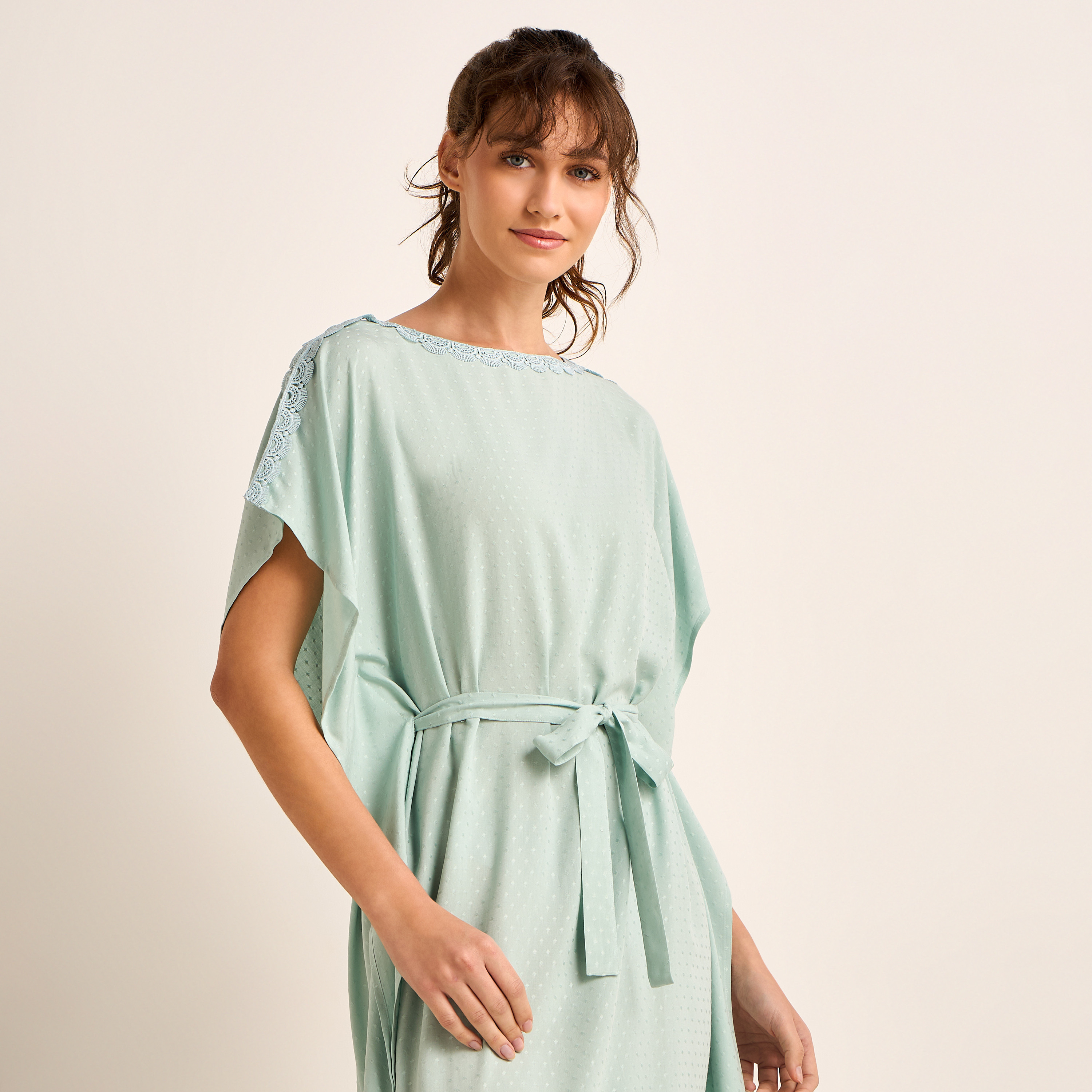 Midi Kaftan Night Dress Short Sleeves Lace Trim Viscose-women-clothing-nightwear-nighties-image-5