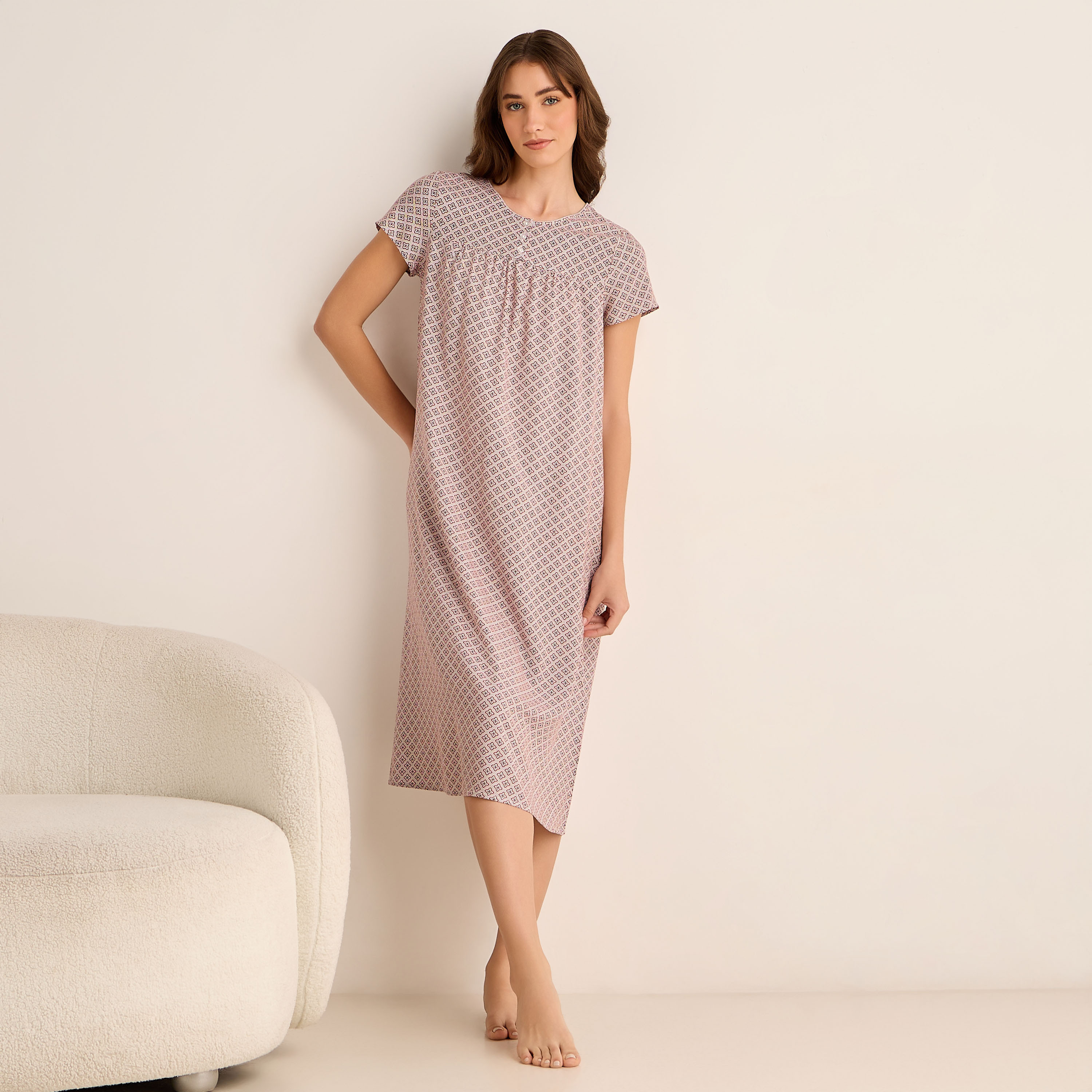 Midi Night Dress Short Sleeves with Floral Print Viscose-women-clothing-nightwear-nighties-image-1