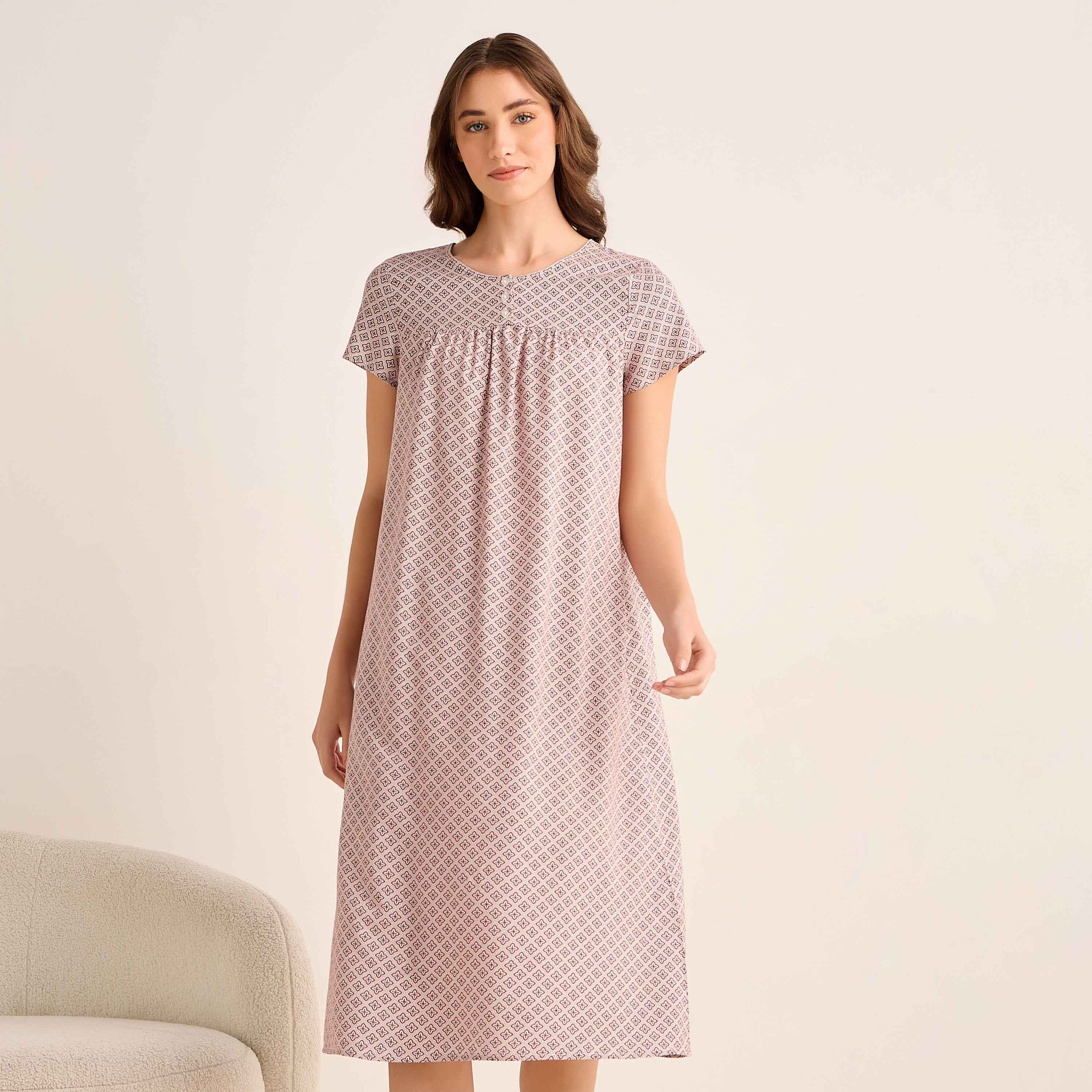 Midi Night Dress Short Sleeves with Floral Print Viscose-women-clothing-nightwear-nighties-image-2