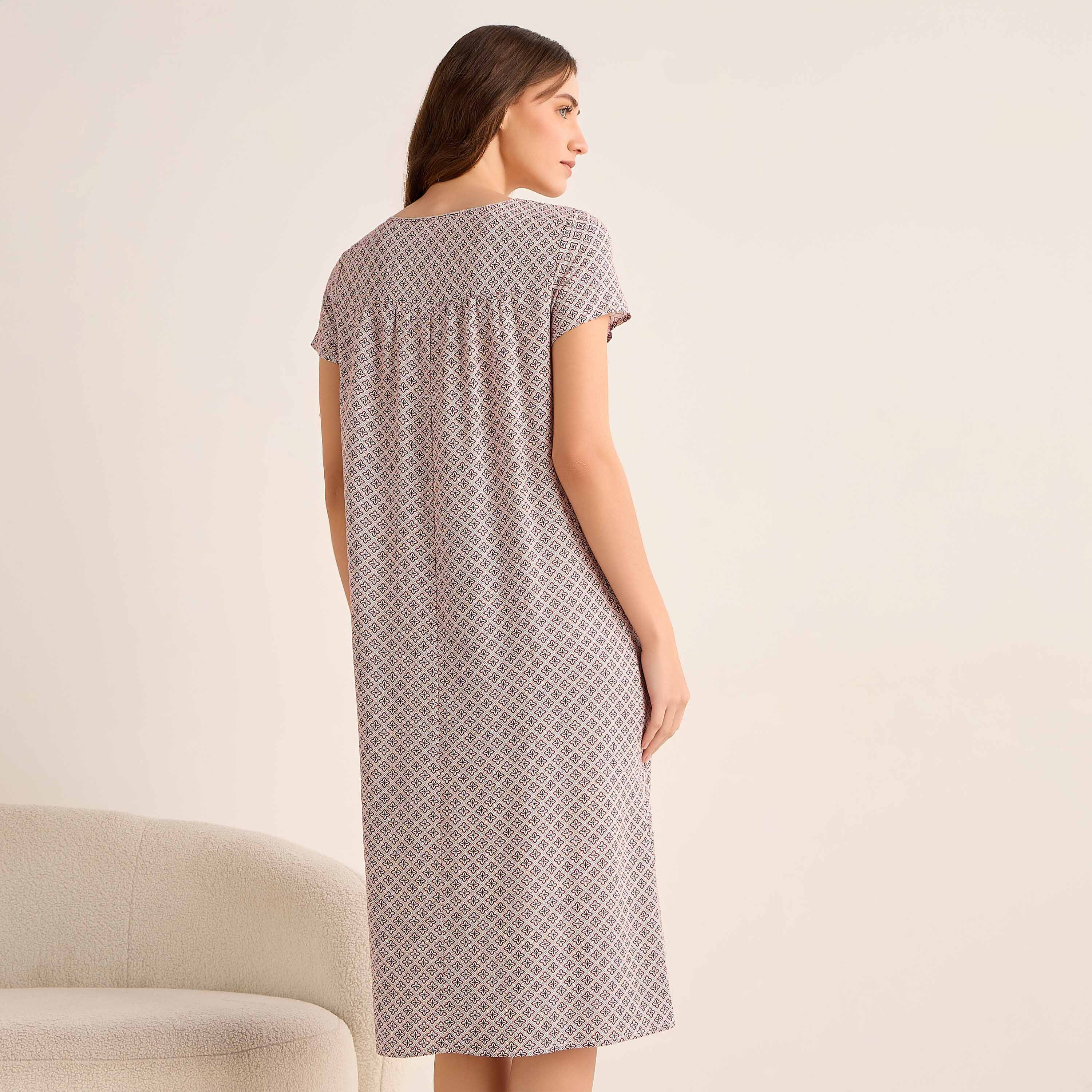Midi Night Dress Short Sleeves with Floral Print Viscose-women-clothing-nightwear-nighties-image-4