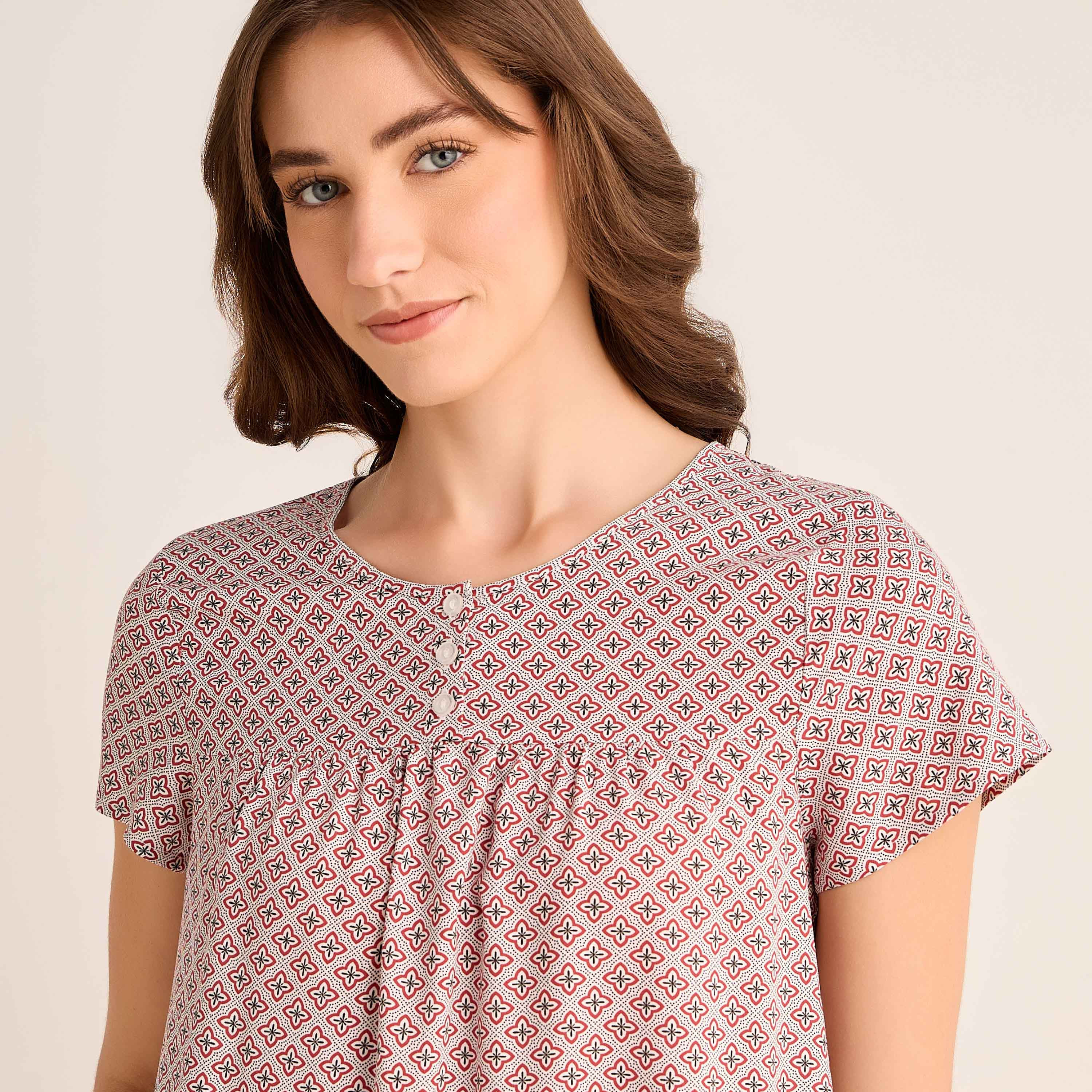 Midi Night Dress Short Sleeves with Floral Print Viscose-women-clothing-nightwear-nighties-image-5