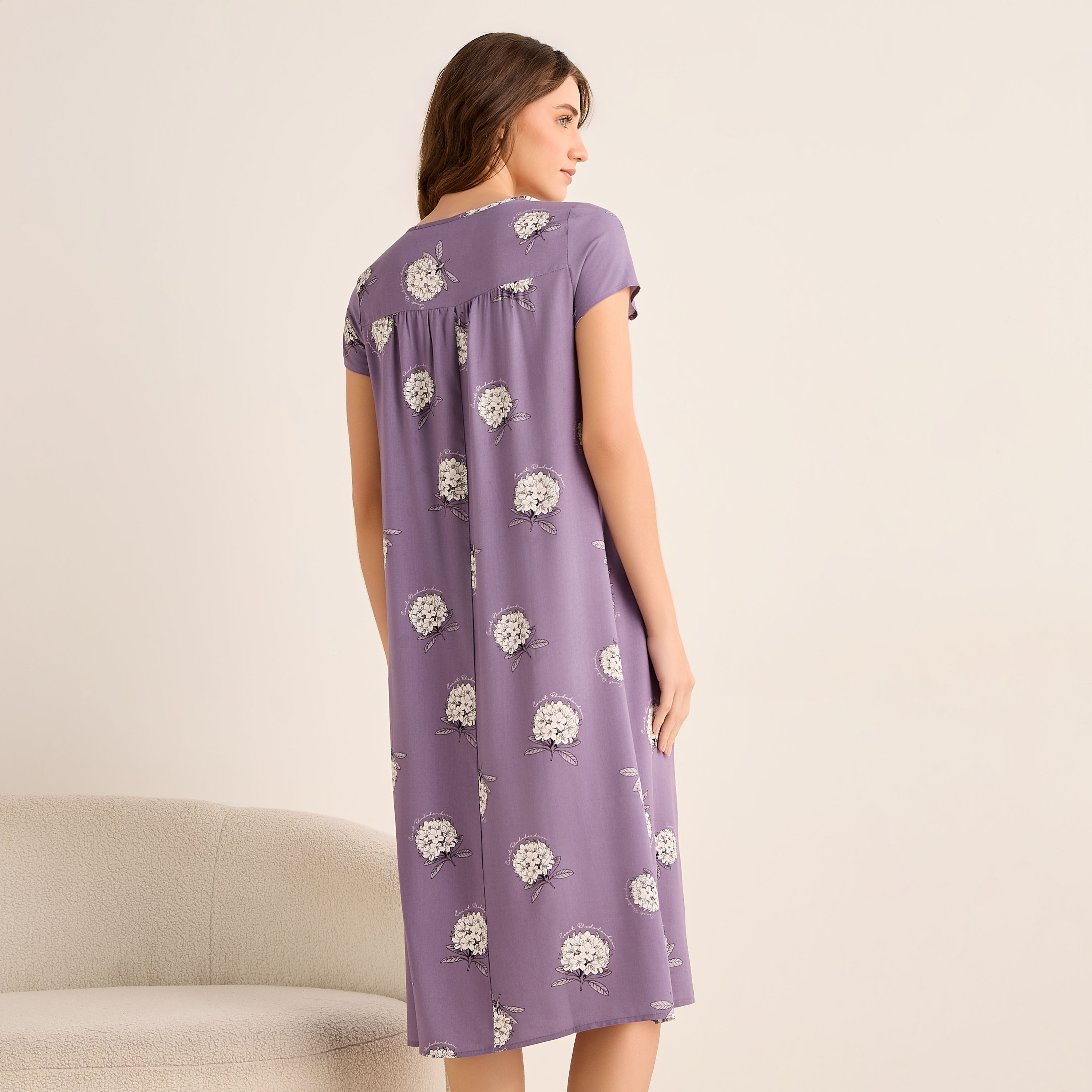 Midi Night Dress Short Sleeves with Floral Print Viscose-women-clothing-nightwear-nighties-image-3