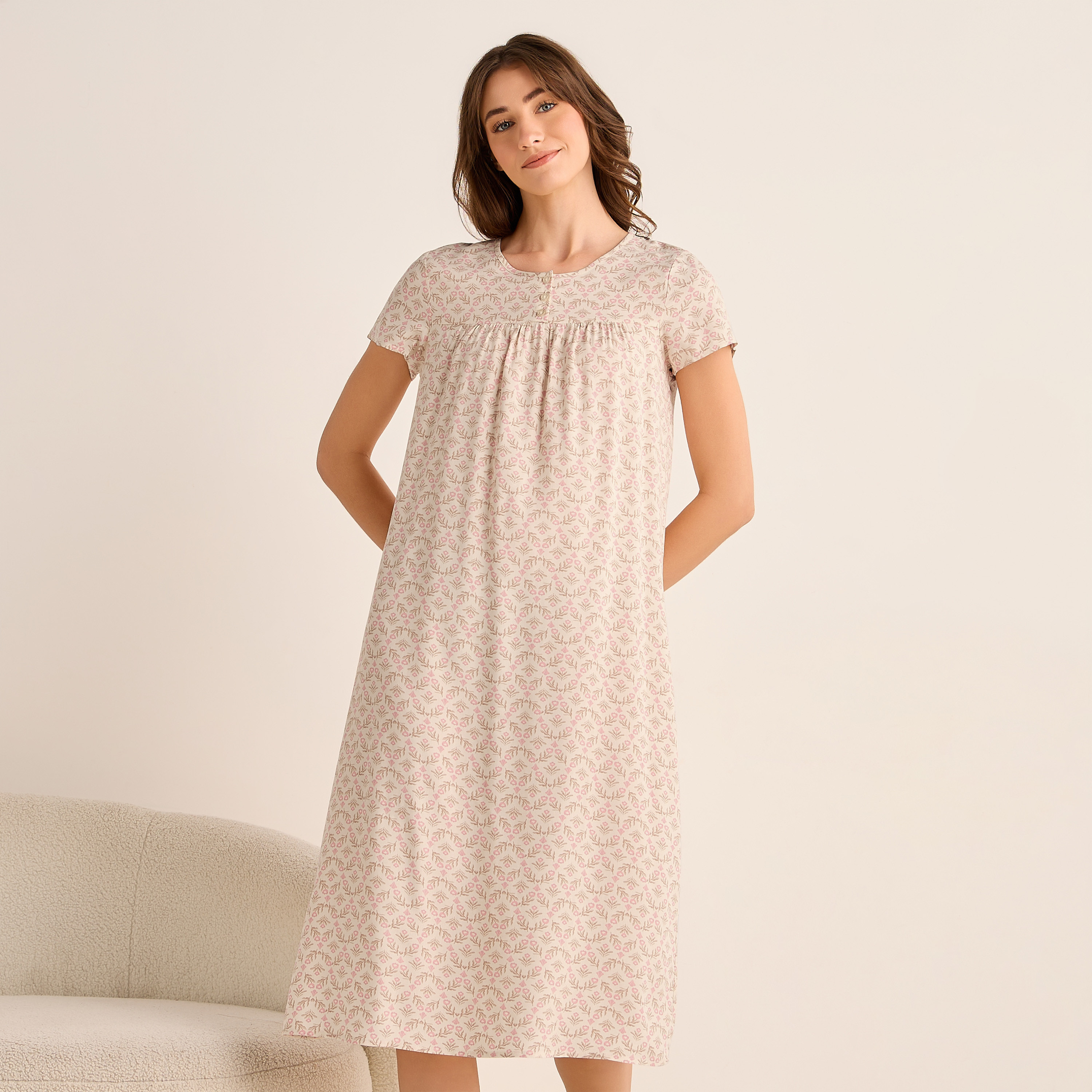 Midi Night Dress Short Sleeves with Floral Print Viscose-women-clothing-nightwear-nighties-image-1