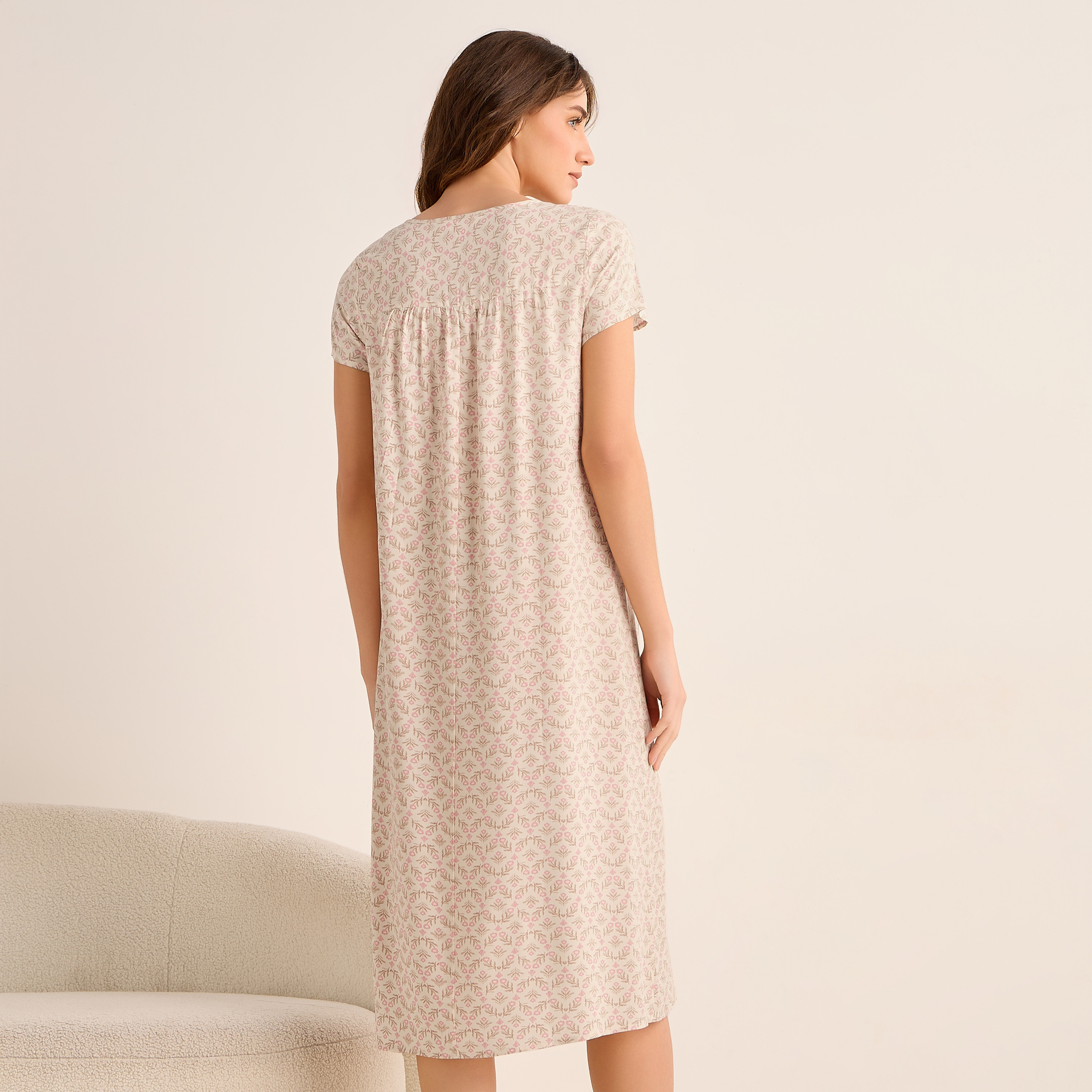 Midi Night Dress Short Sleeves with Floral Print Viscose-women-clothing-nightwear-nighties-image-4