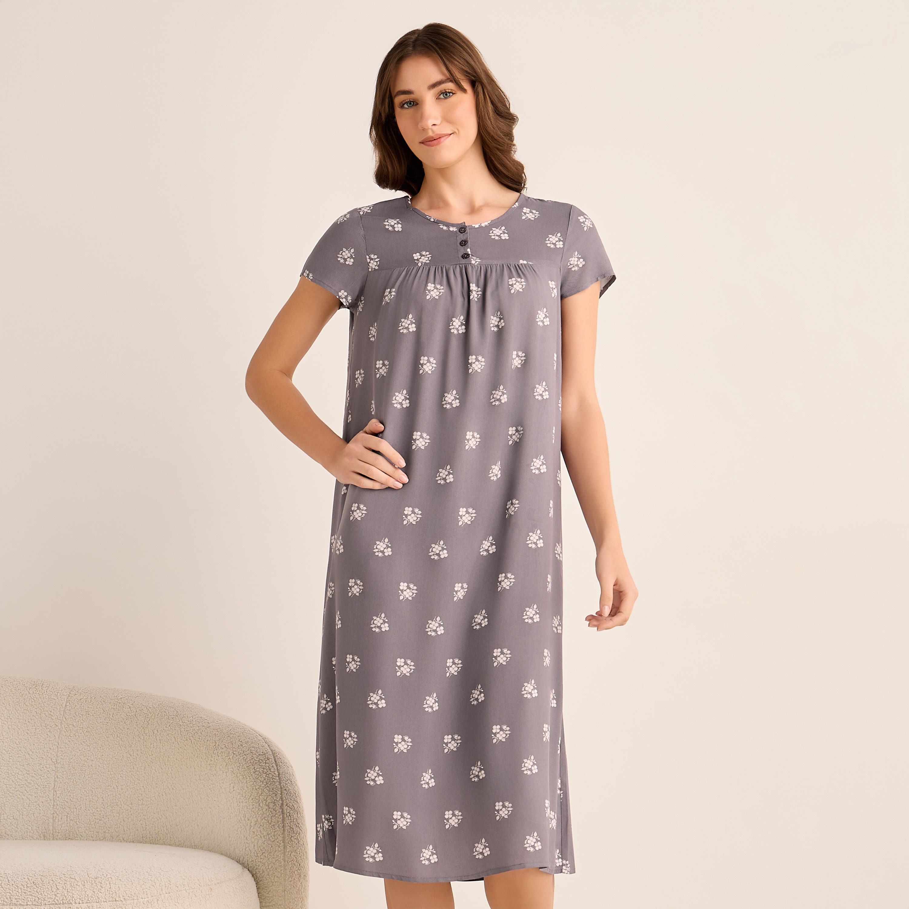 Midi Night Dress Short Sleeves with Floral Print Viscose-women-clothing-nightwear-nighties-image-1