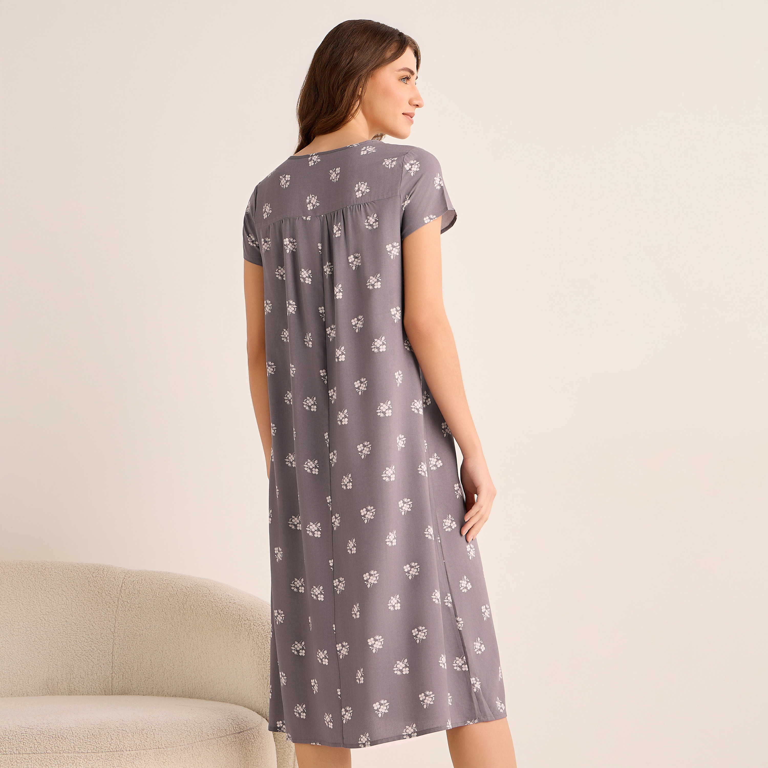 Midi Night Dress Short Sleeves with Floral Print Viscose-women-clothing-nightwear-nighties-image-4