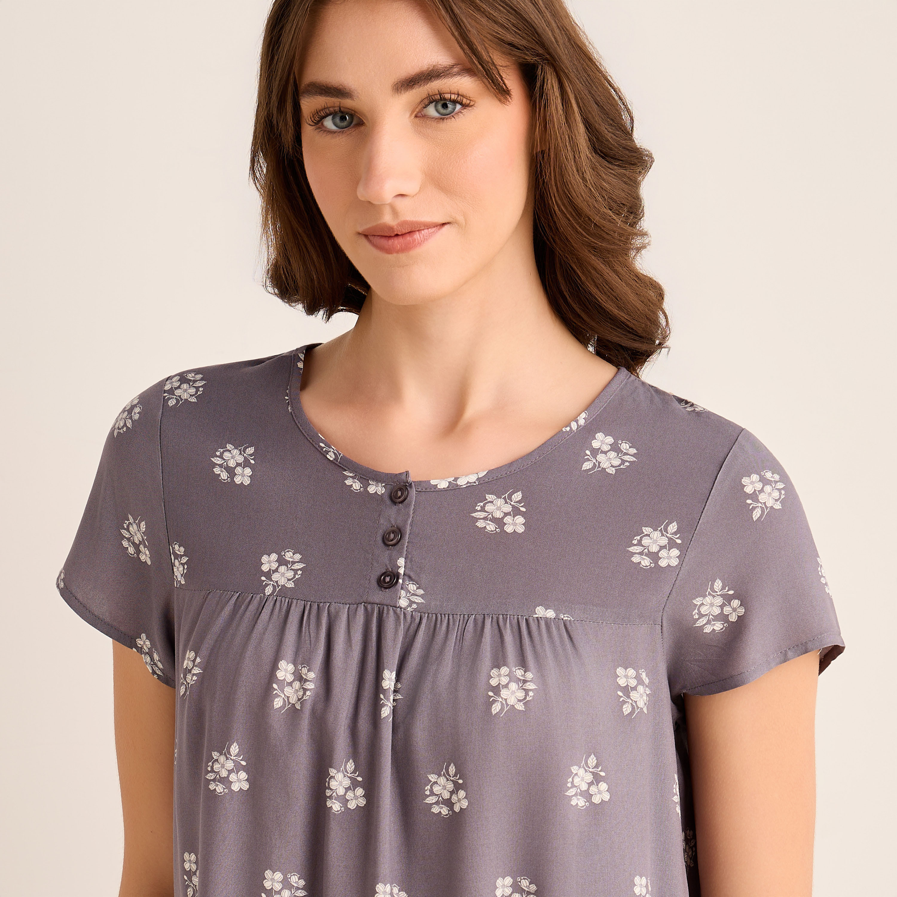 Midi Night Dress Short Sleeves with Floral Print Viscose-women-clothing-nightwear-nighties-image-5