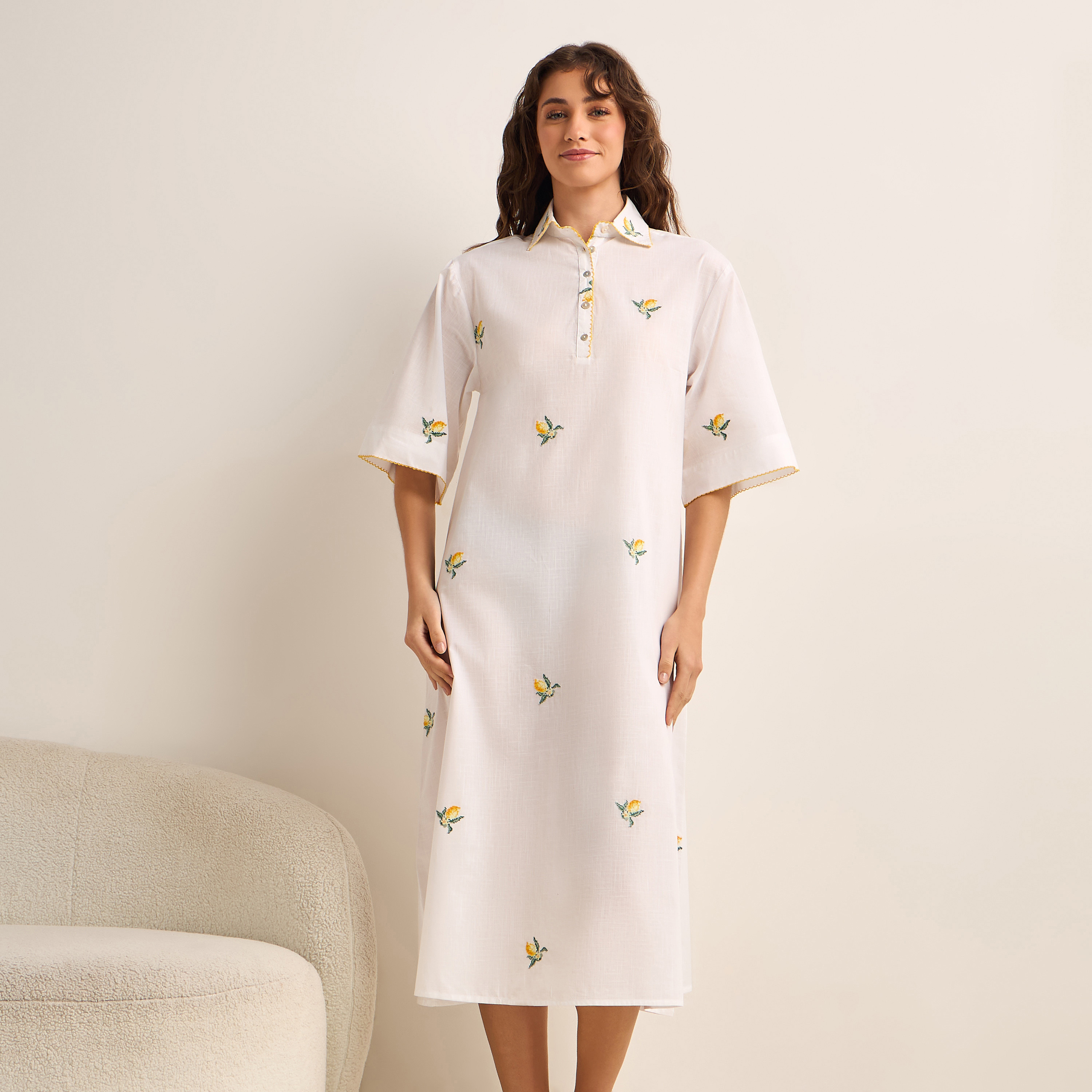 Midi Night Dress Short Sleeves Embroidered Viscose-women-clothing-nightwear-nighties-image-1