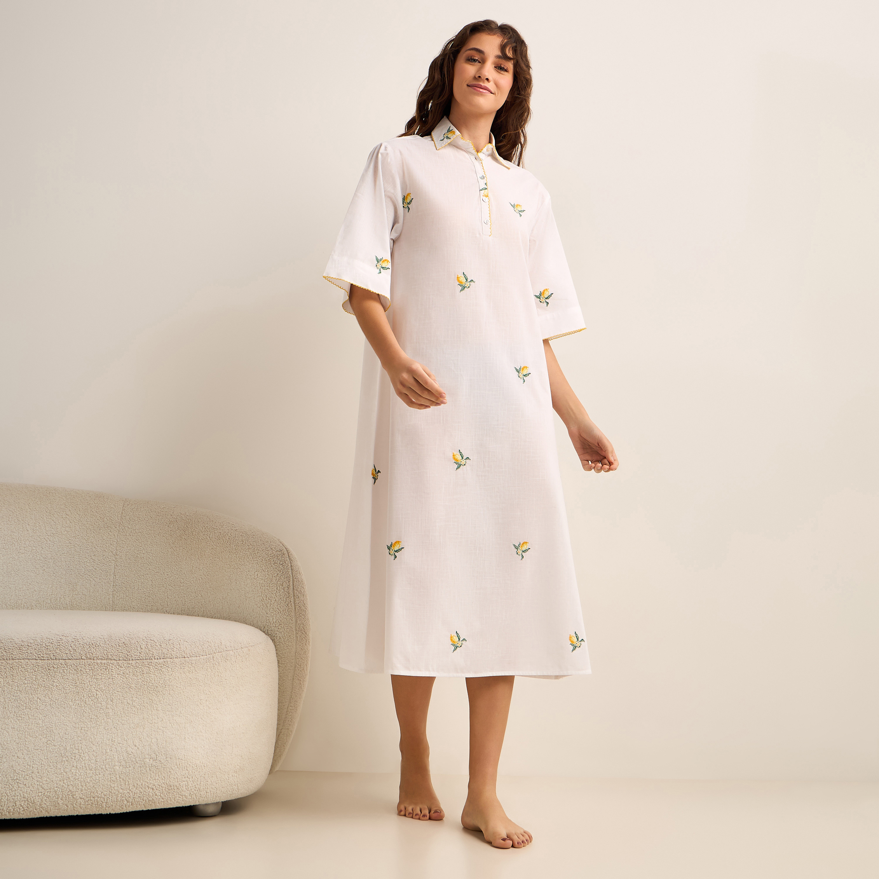 Midi Night Dress Short Sleeves Embroidered Viscose-women-clothing-nightwear-nighties-image-3