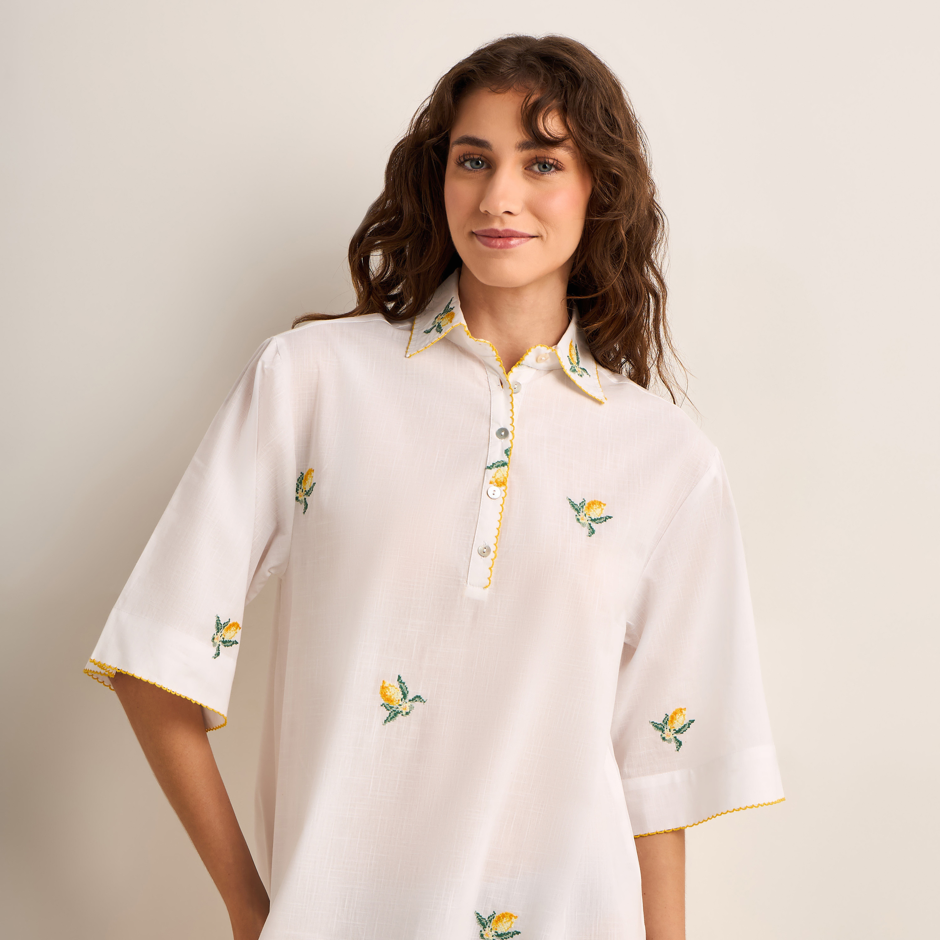 Midi Night Dress Short Sleeves Embroidered Viscose-women-clothing-nightwear-nighties-image-2