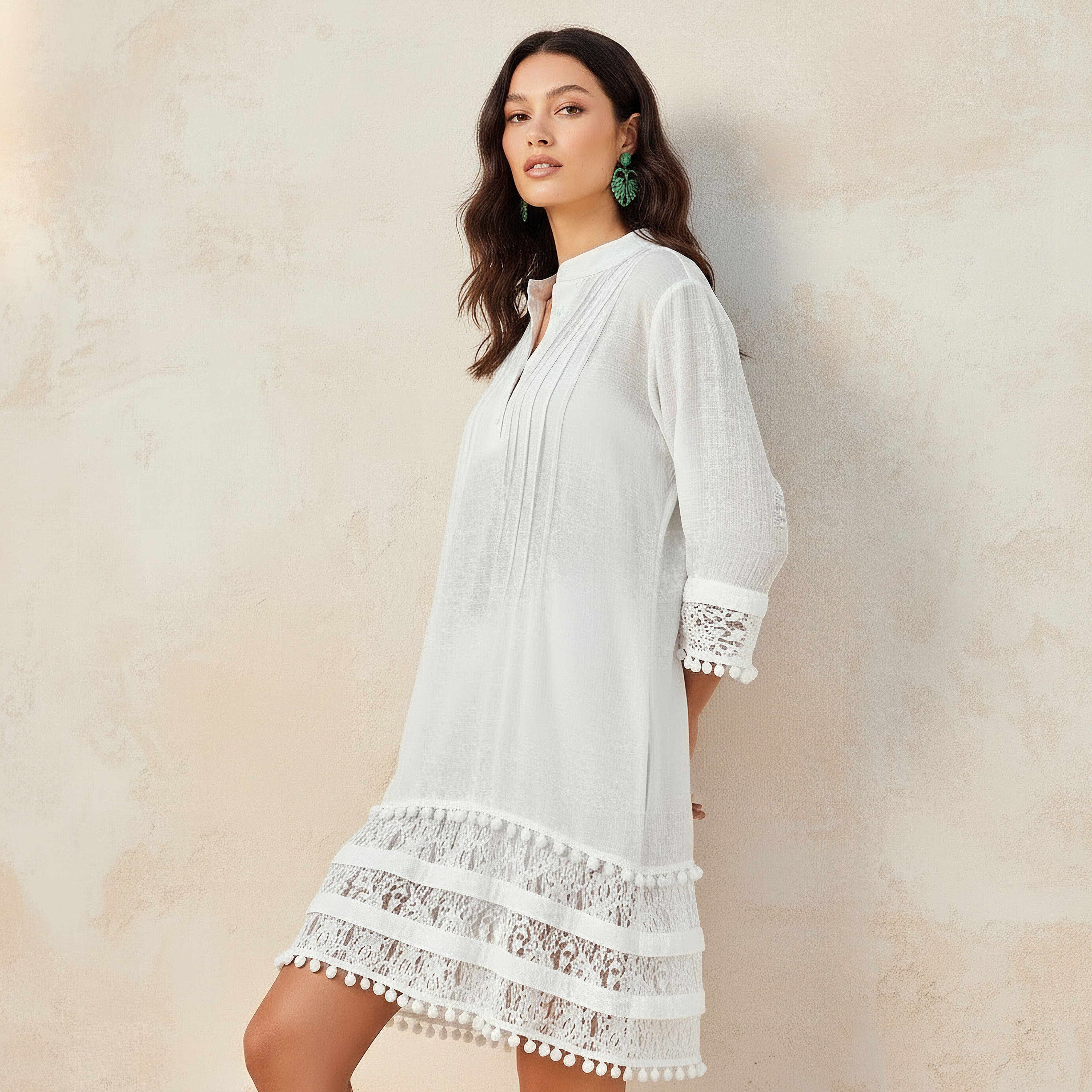 Women Lace Pom Pom Trim Cover-Up Top-women-clothing-swimandbeach-coverups-image-1