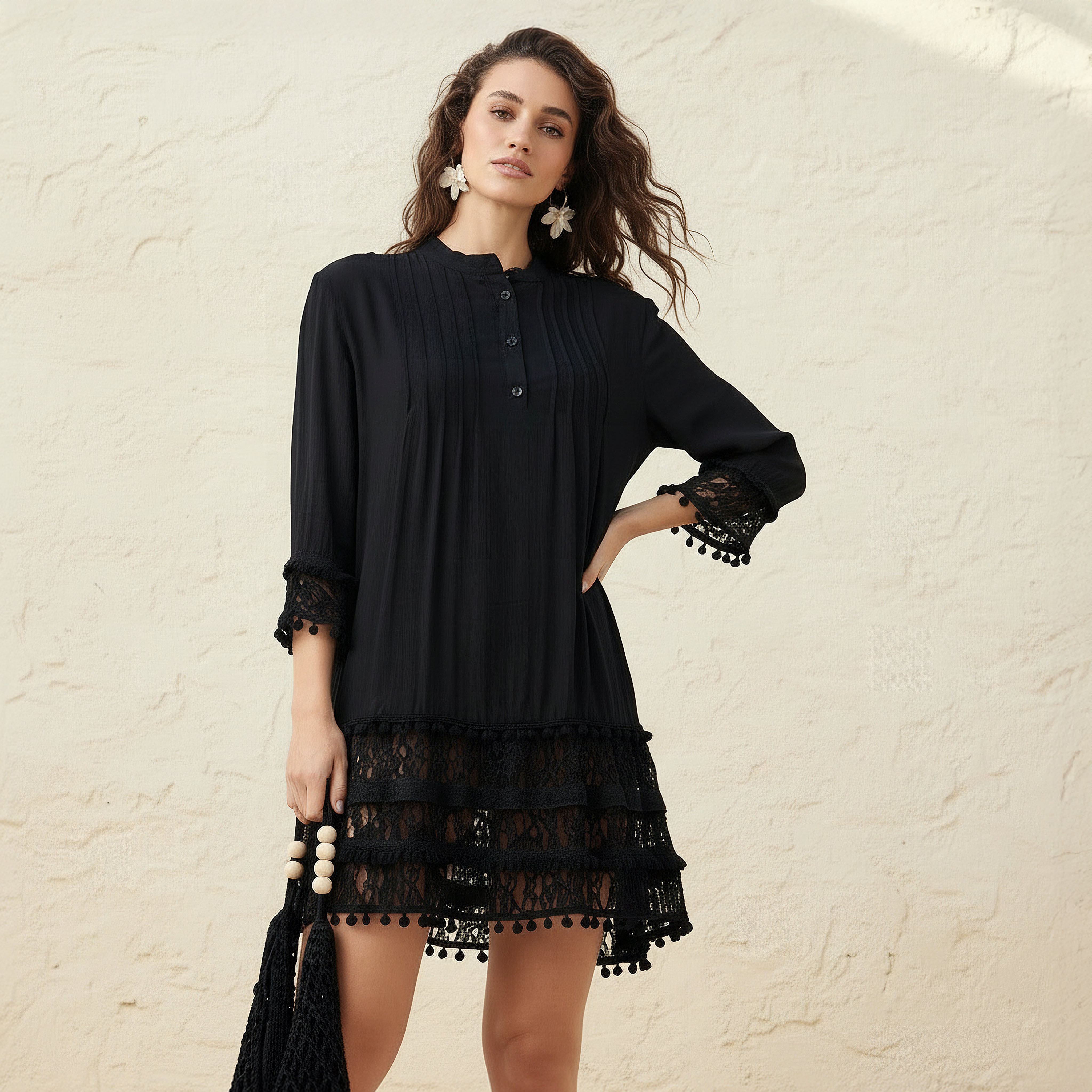 Women Lace and Pom-Pom Detail Cover-Up-women-clothing-swimandbeach-coverups-image-1