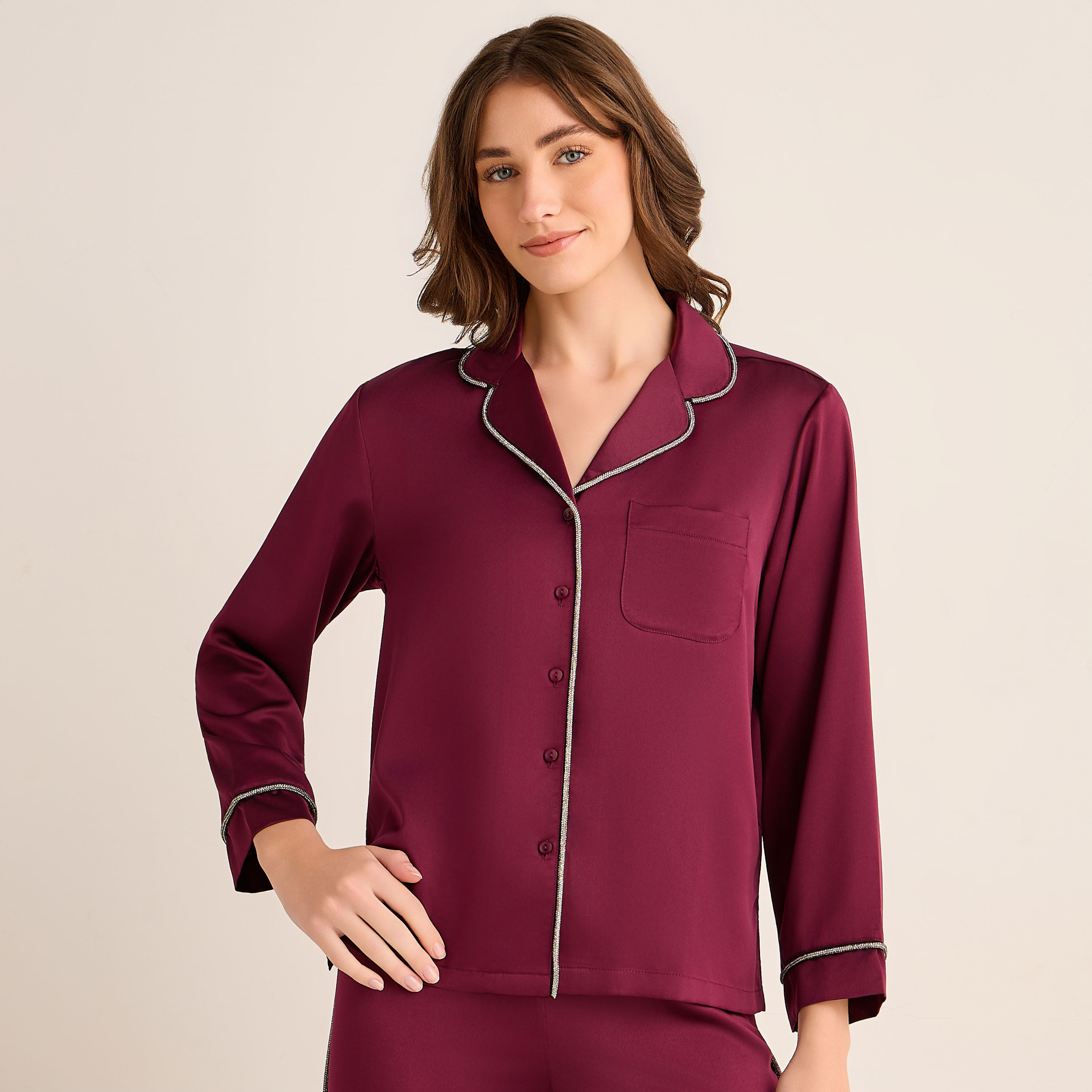 Pyjama Set Button-Down Shirt & Pants Satin-women-clothing-nightwear-pyjamas-longsets-image-2