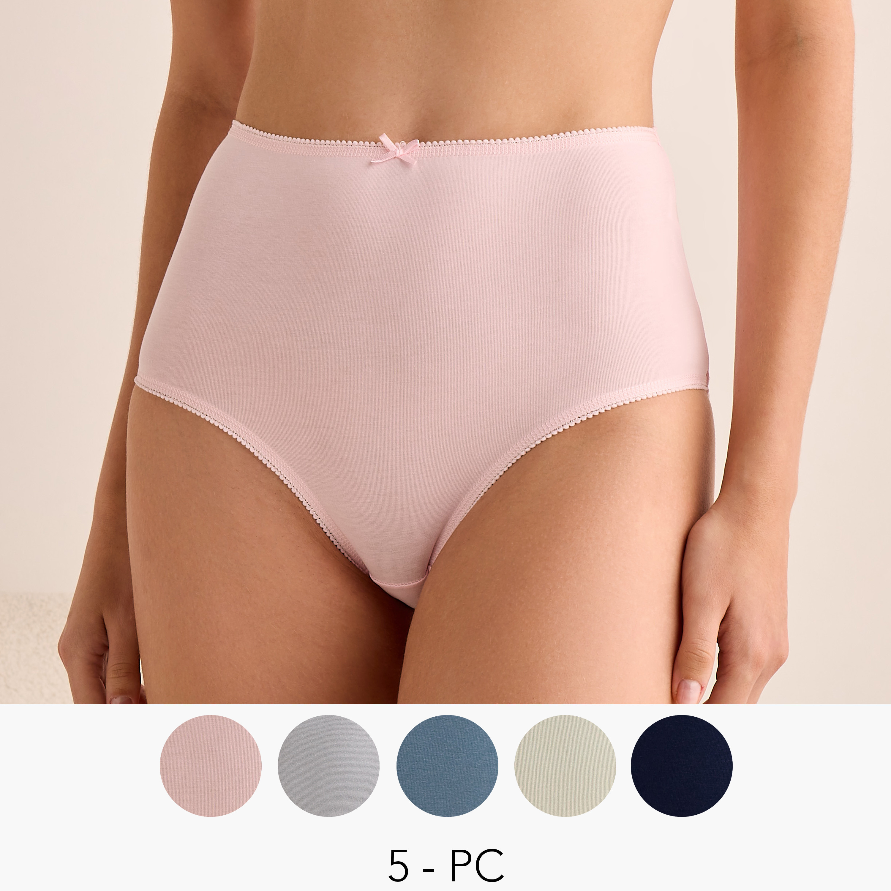 طقم من 5 - سراويل كاملة بخصر عالي وزينة فيونكة-women-clothing-lingerie-panties-image-1