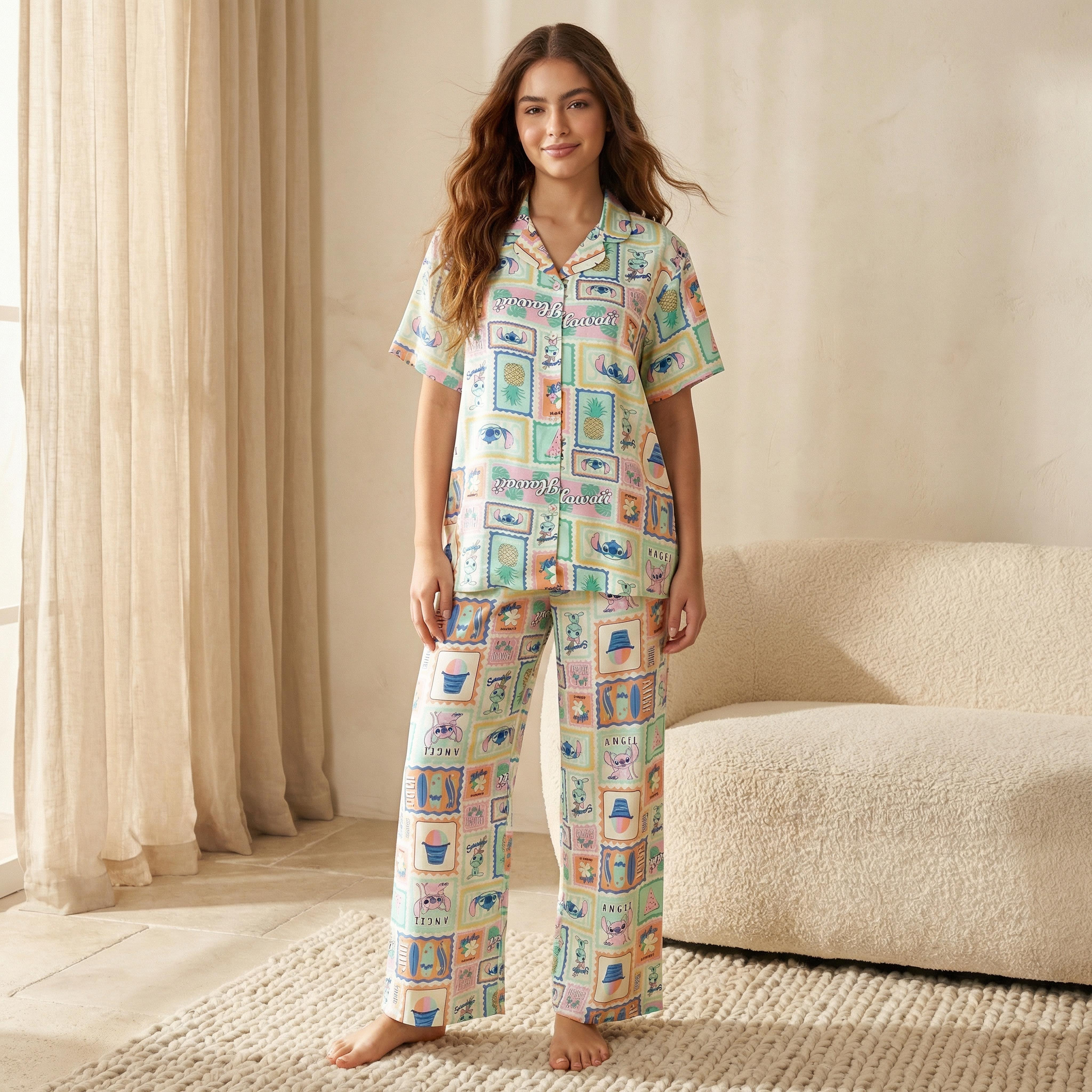 Pyjama Set Button-Down Shirt & Trousers Viscose-women-clothing-nightwear-pyjamas-longsets-image-1