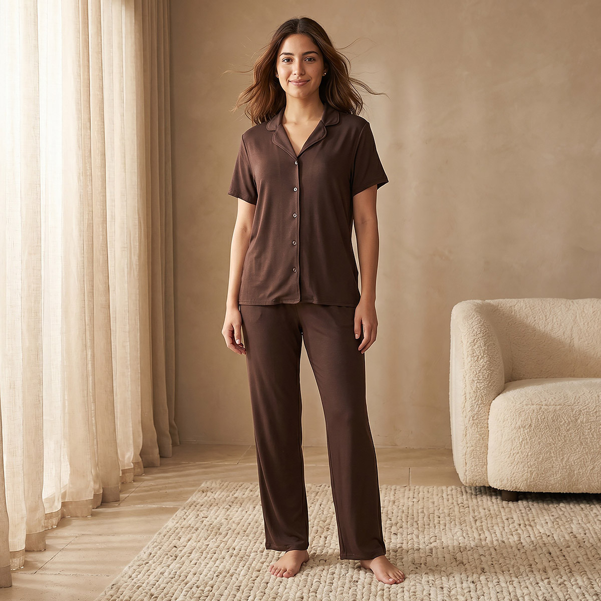 Pyjama Set Button-Down Shirt & Trousers-women-clothing-nightwear-pyjamas-longsets-image-1