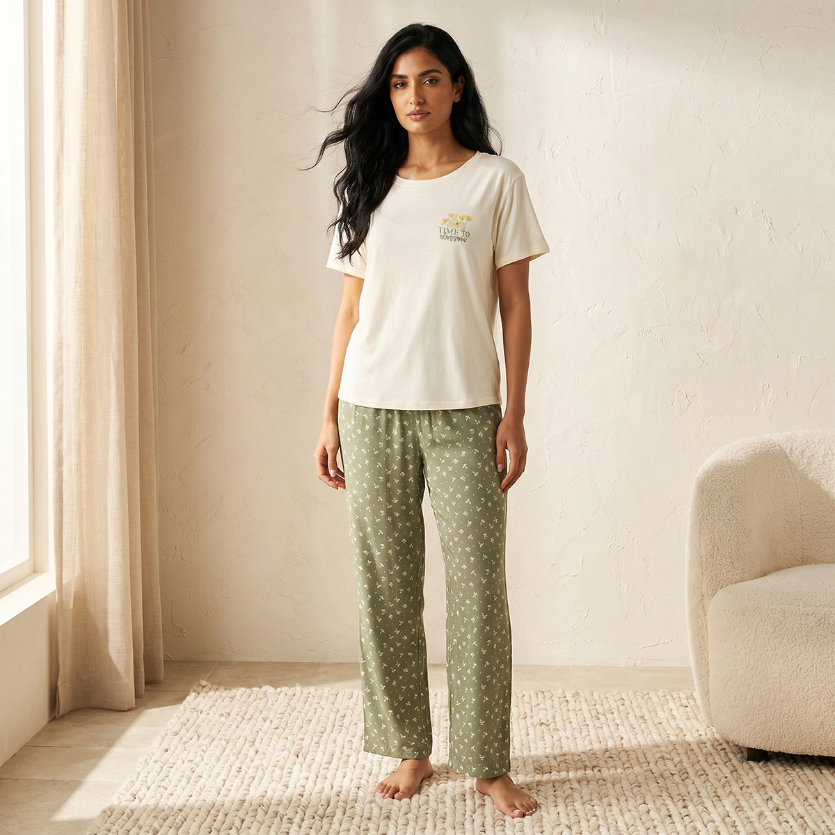Pyjama Set Floral Print T-shirt & Trousers Viscose-women-clothing-nightwear-pyjamas-longsets-image-1