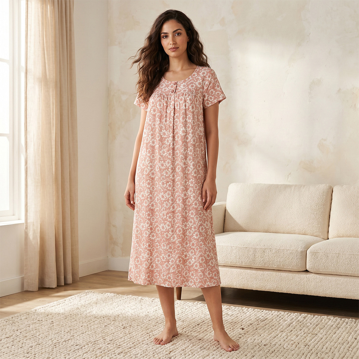 Night Gown Short Sleeves Floral Print Viscose-women-clothing-nightwear-nighties-image-1