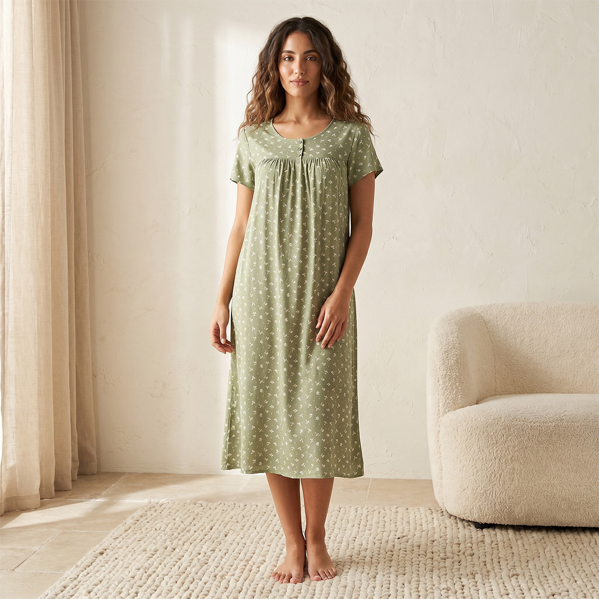 Night Gown Short Sleeves Floral Print Viscose-women-clothing-nightwear-nighties-image-1