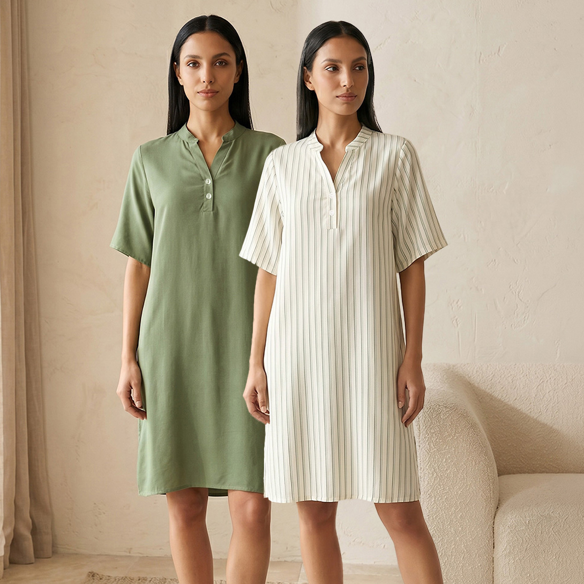 Set of 2 - Splash Intimates Knee Length Night Dress Short Sleeves Mandarin Collar Viscose-women-clothing-nightwear-nighties-image-1
