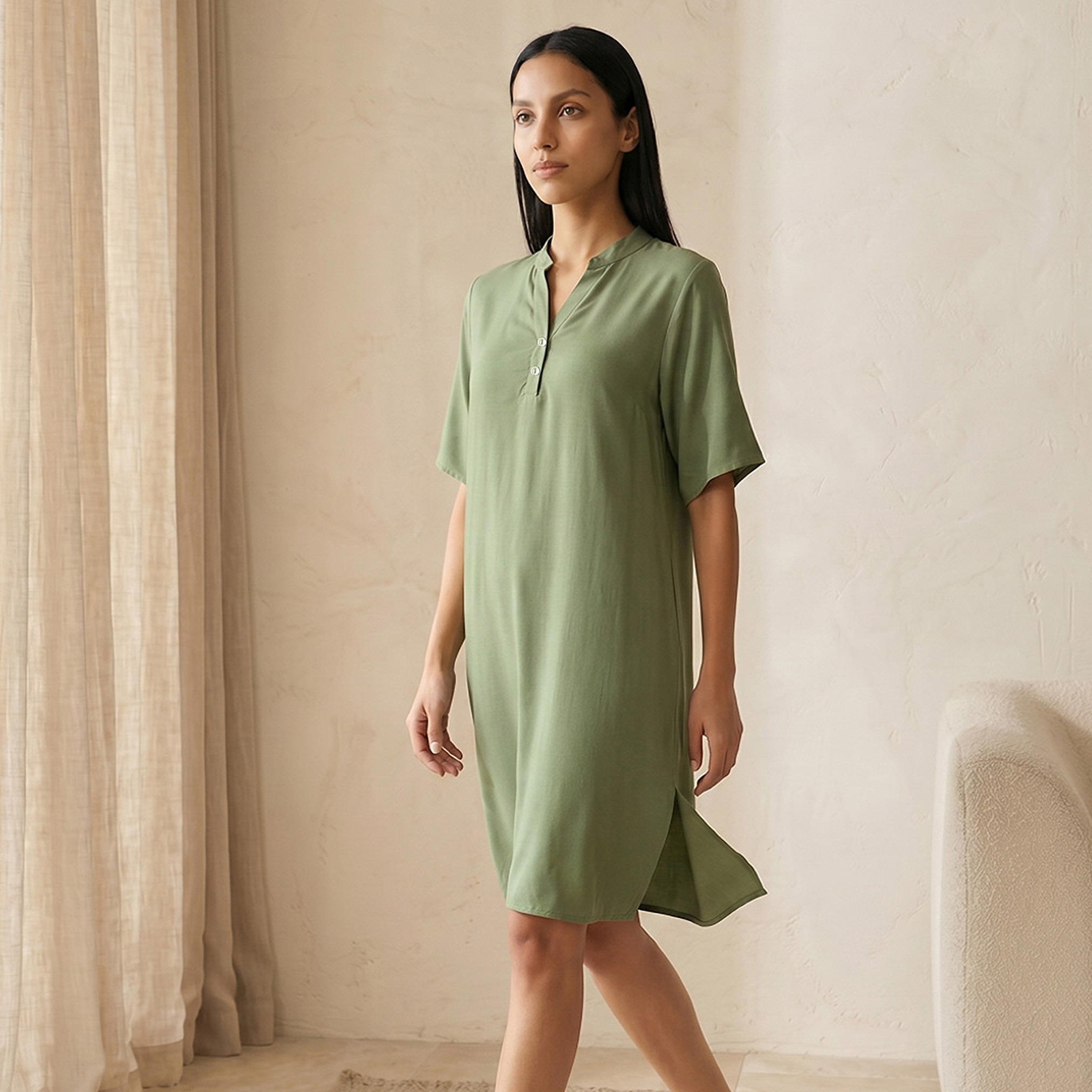 Set of 2 - Splash Intimates Knee Length Night Dress Short Sleeves Mandarin Collar Viscose-women-clothing-nightwear-nighties-image-4