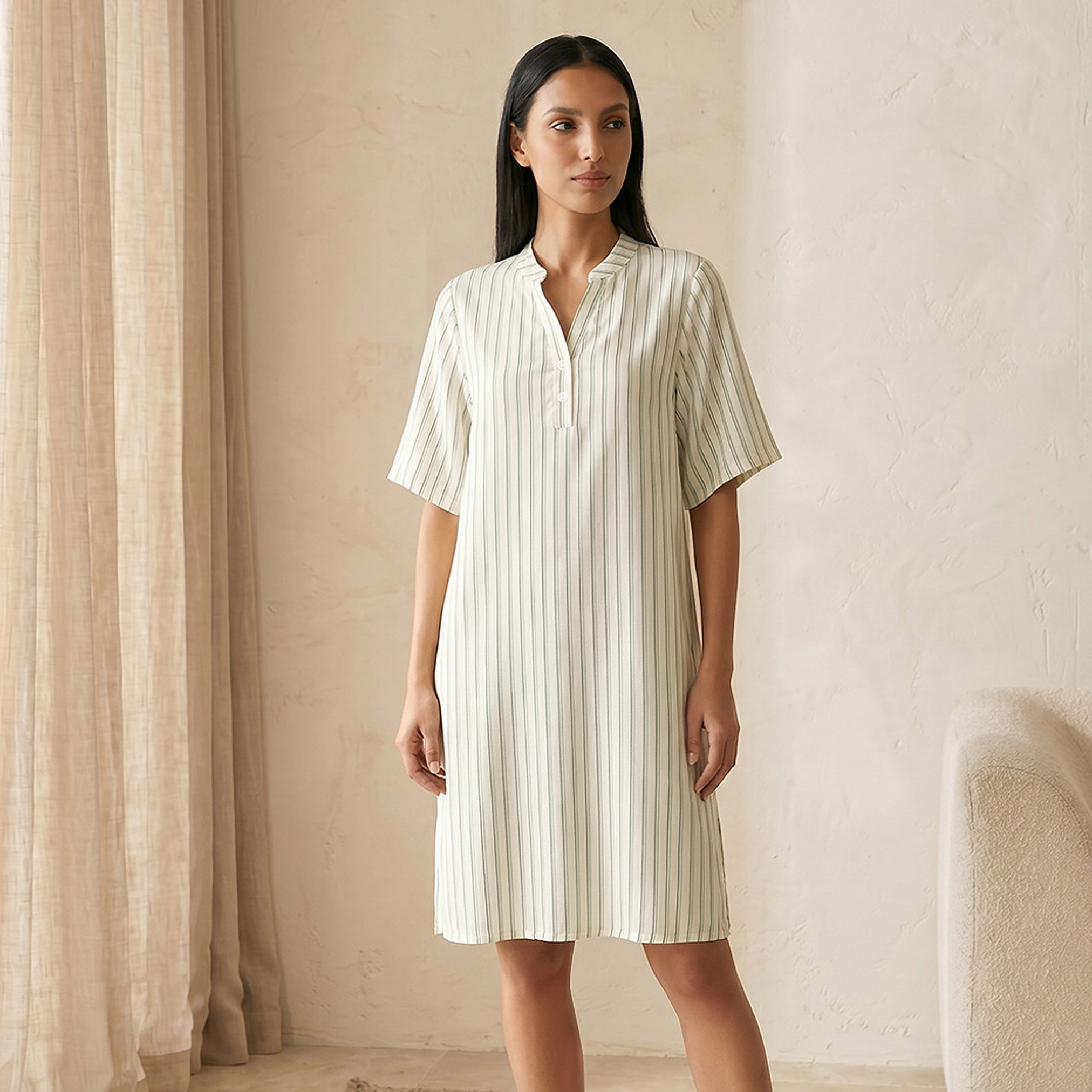 Set of 2 - Splash Intimates Knee Length Night Dress Short Sleeves Mandarin Collar Viscose-women-clothing-nightwear-nighties-image-6