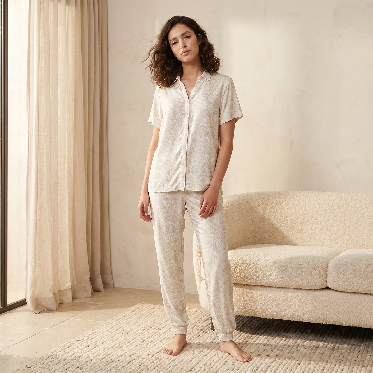 Pyjama Set Printed Button-Down Shirt & Trousers-women-clothing-nightwear-pyjamas-longsets-image-1