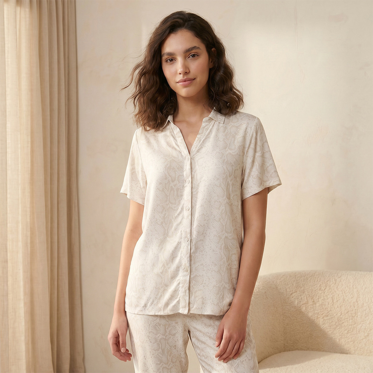 Pyjama Set Printed Button-Down Shirt & Trousers-women-clothing-nightwear-pyjamas-longsets-image-3
