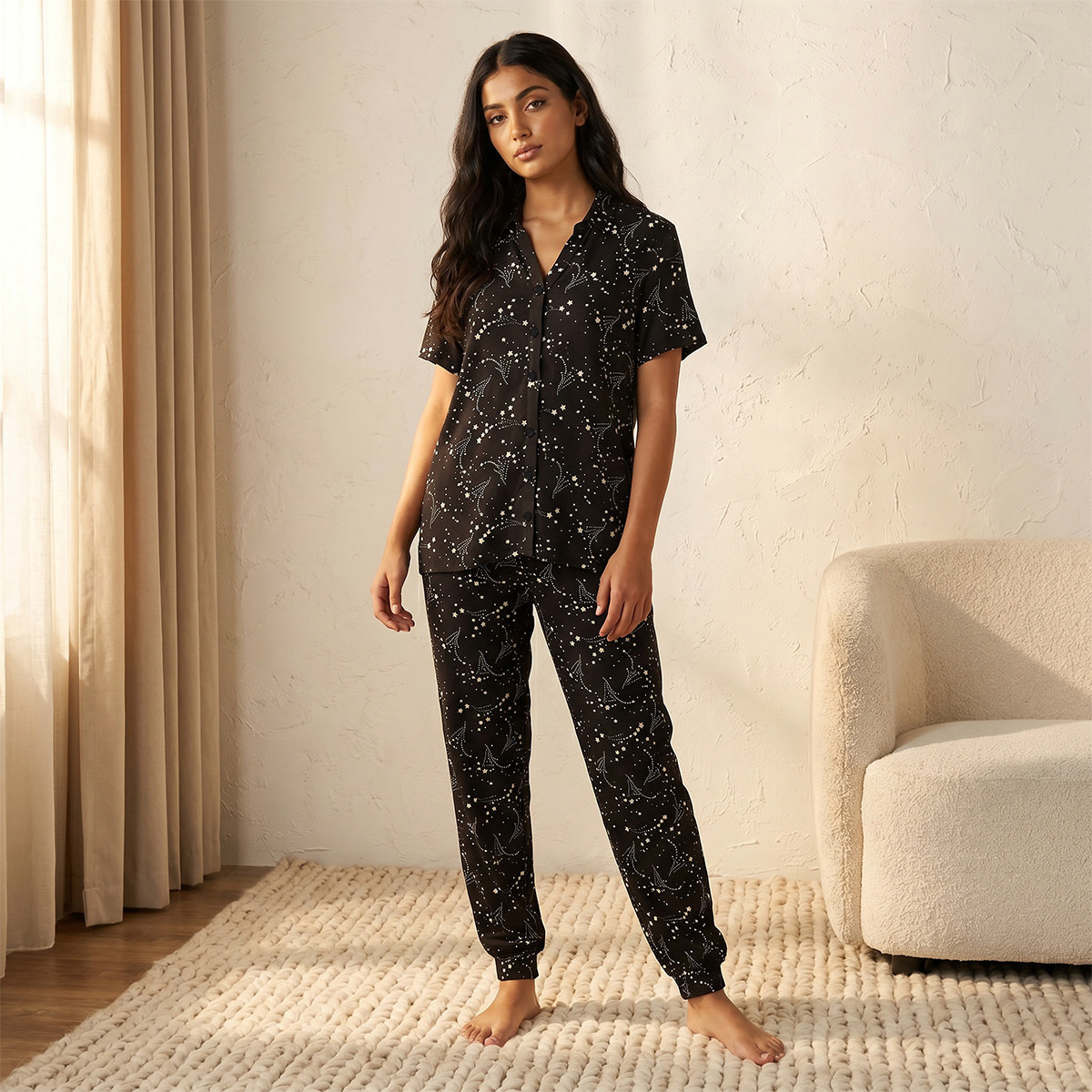 Pyjama Set Printed Button-Down Shirt & Trousers-women-clothing-nightwear-pyjamas-longsets-image-1