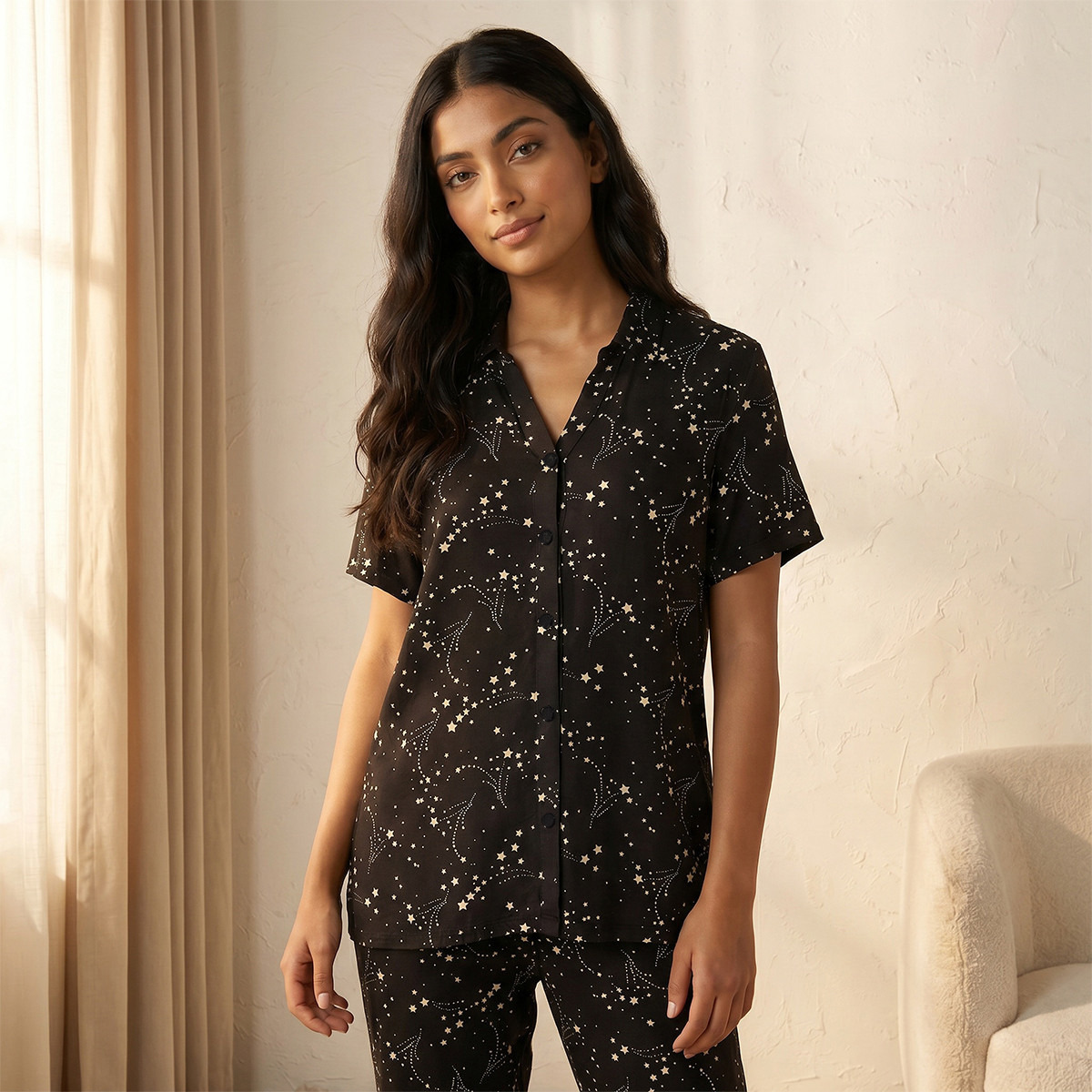 Pyjama Set Printed Button-Down Shirt & Trousers-women-clothing-nightwear-pyjamas-longsets-image-3