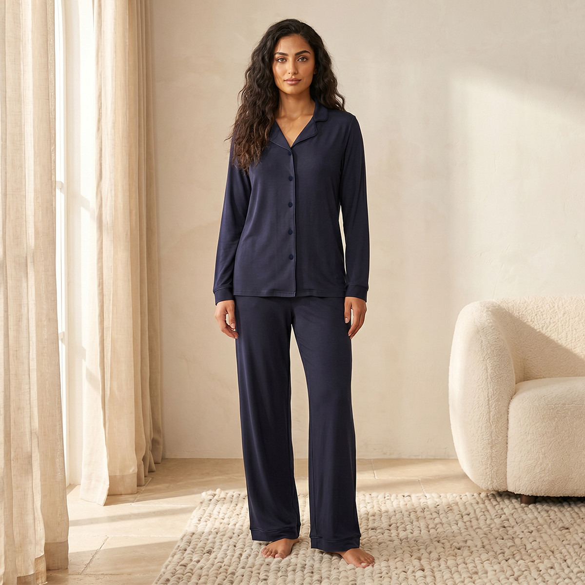 Pyjama Set Button-Down Shirt & Trousers-women-clothing-nightwear-pyjamas-longsets-image-1