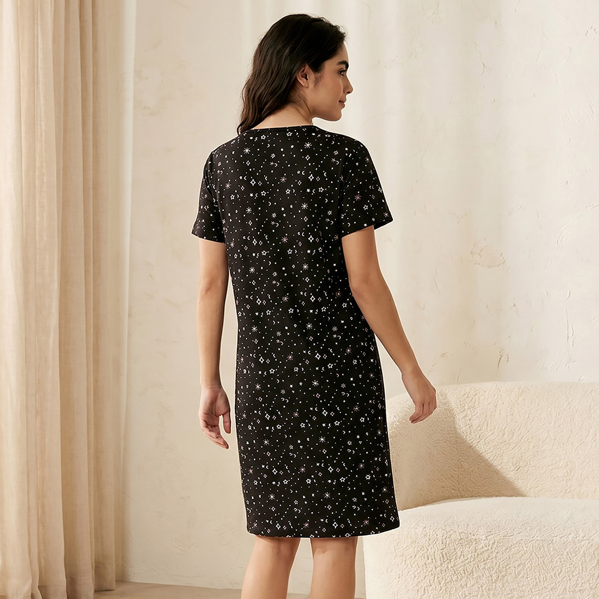 Knee Length Night Dress Short Sleeves with Celestial Print Cotton-women-clothing-nightwear-nighties-image-4