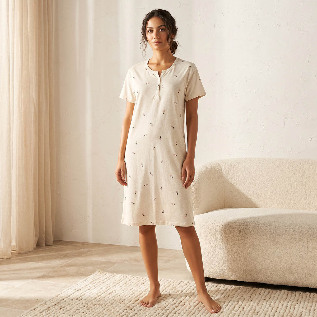Splash Intimates Knee Length Night Dress Short Sleeves Heart Print Cotton-women-clothing-nightwear-nighties-image-1