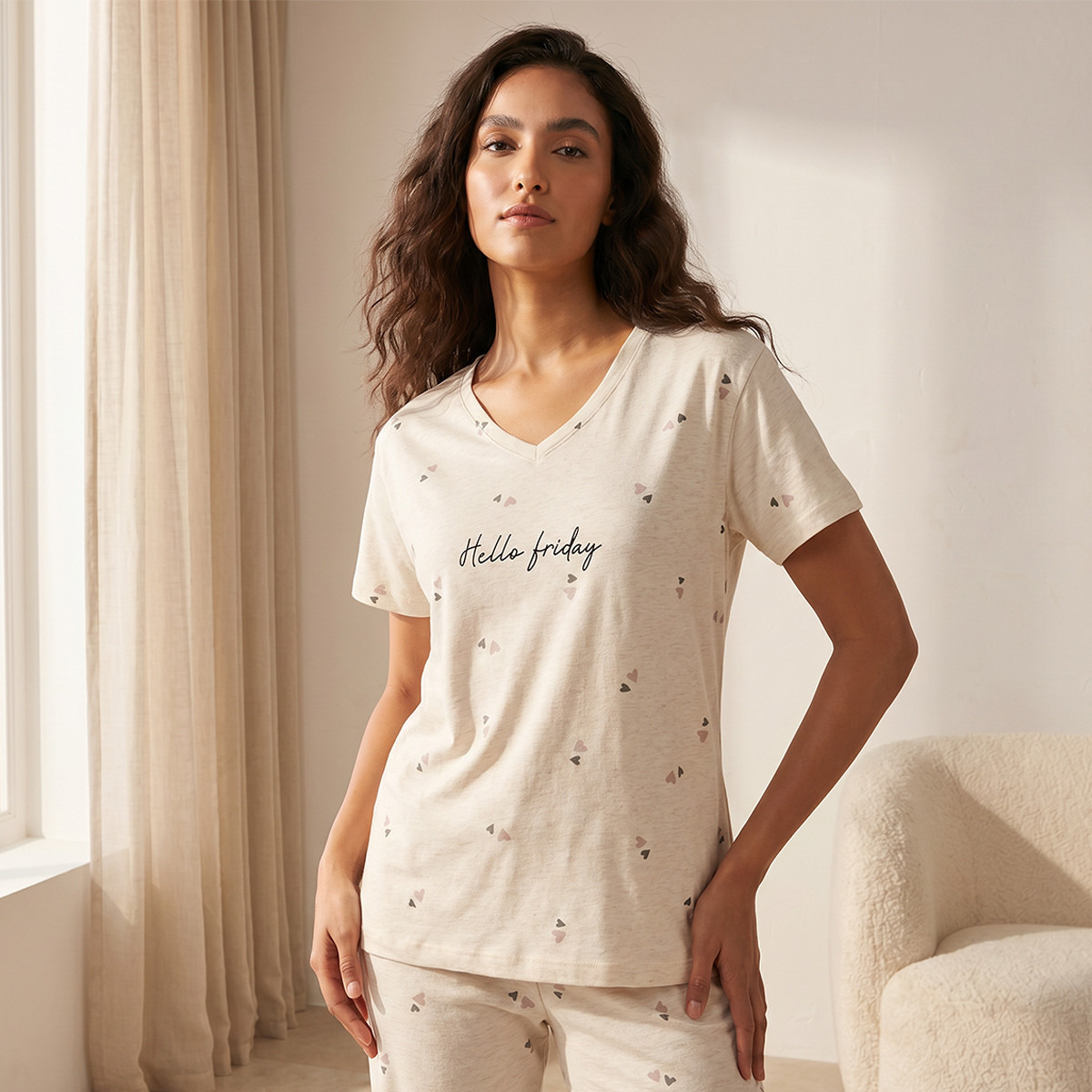Pyjama Set Heart Print T-shirt & Trousers Cotton-women-clothing-nightwear-pyjamas-longsets-image-3