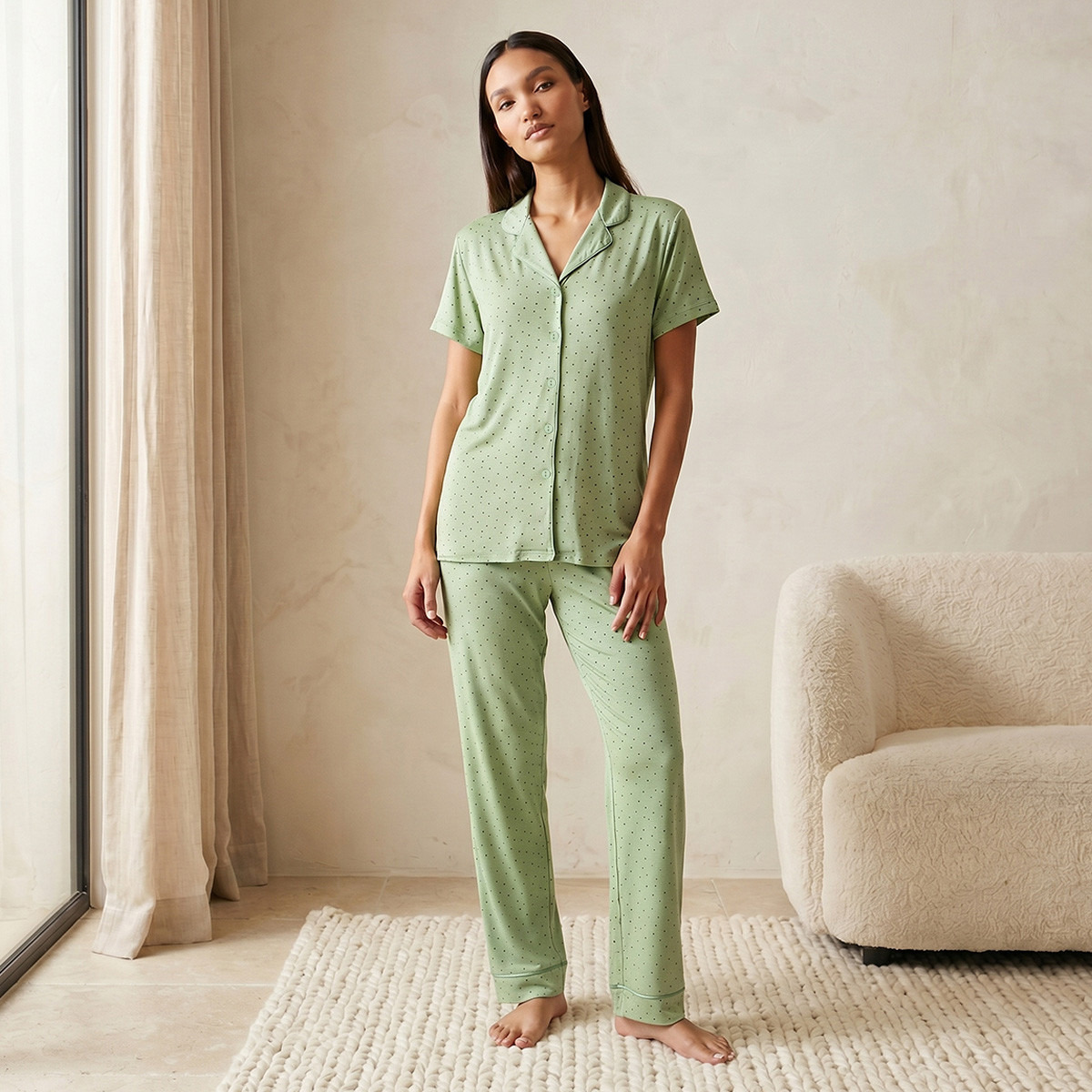 طقم بيجاما قميص وبنطلون فيسكوز بأزرار من سبلاش إنتيميتس-women-clothing-nightwear-pyjamas-longsets-image-1