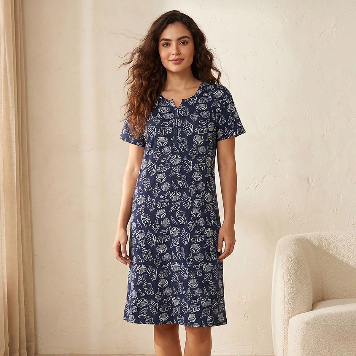 Knee Length Night Dress Short Sleeves with Seashell Print Cotton-women-clothing-nightwear-nighties-image-1