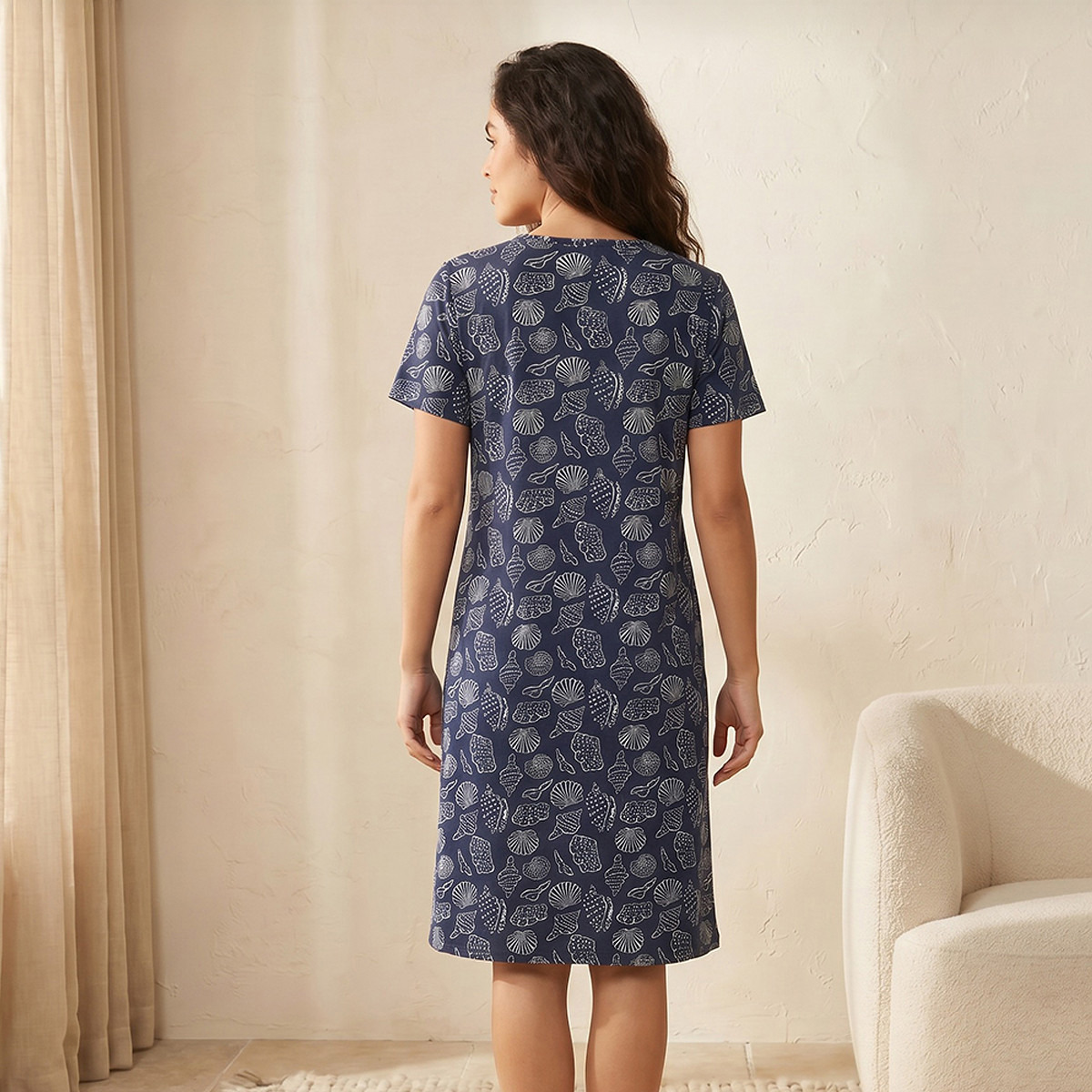 Knee Length Night Dress Short Sleeves with Seashell Print Cotton-women-clothing-nightwear-nighties-image-4