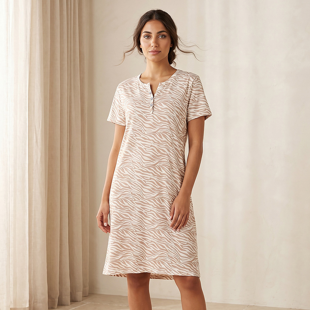 Knee Length Night Dress Short Sleeves with Animal Print Cotton-women-clothing-nightwear-nighties-image-1